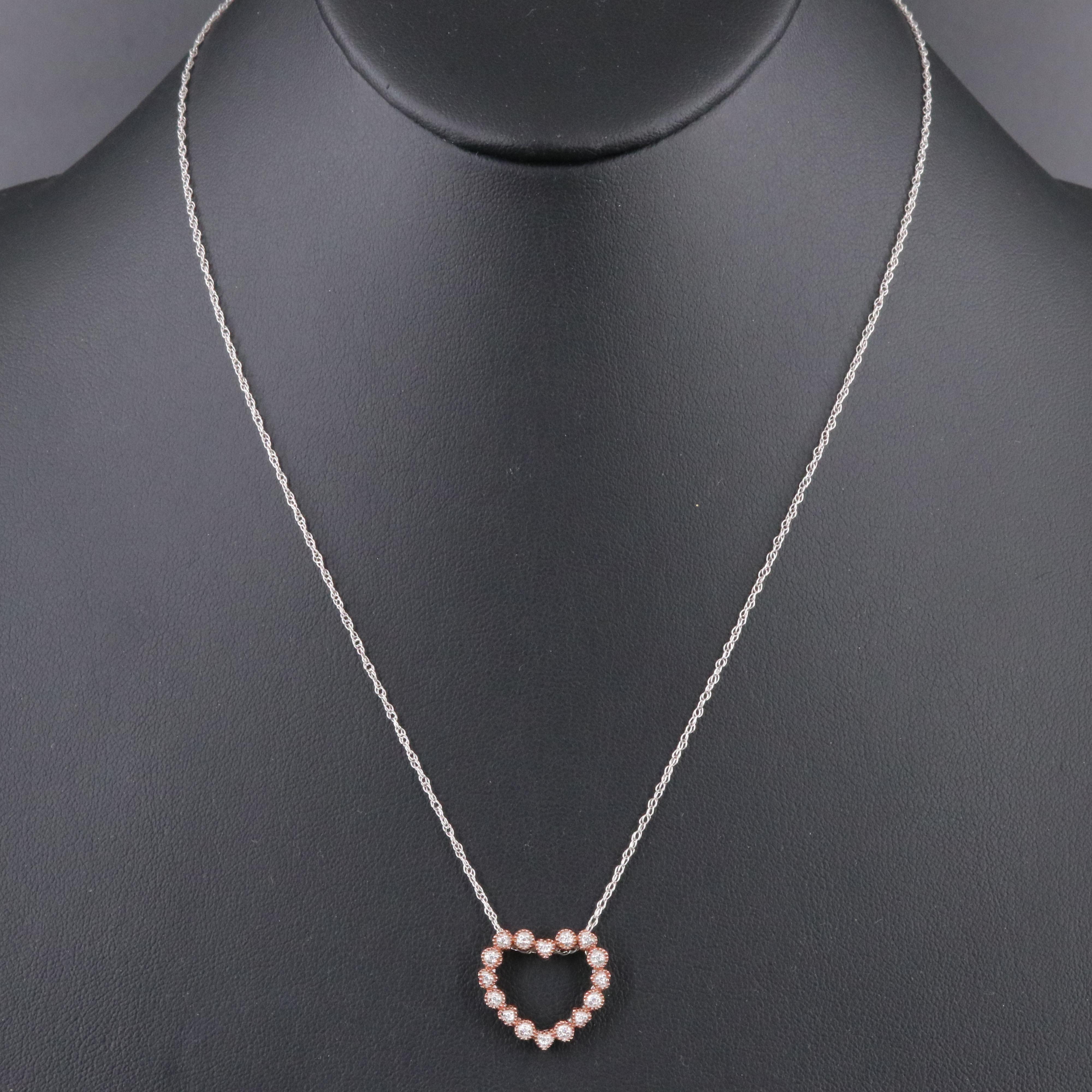 Sterling Diamond Heart Pendant Necklace with Rose Tone Accents
