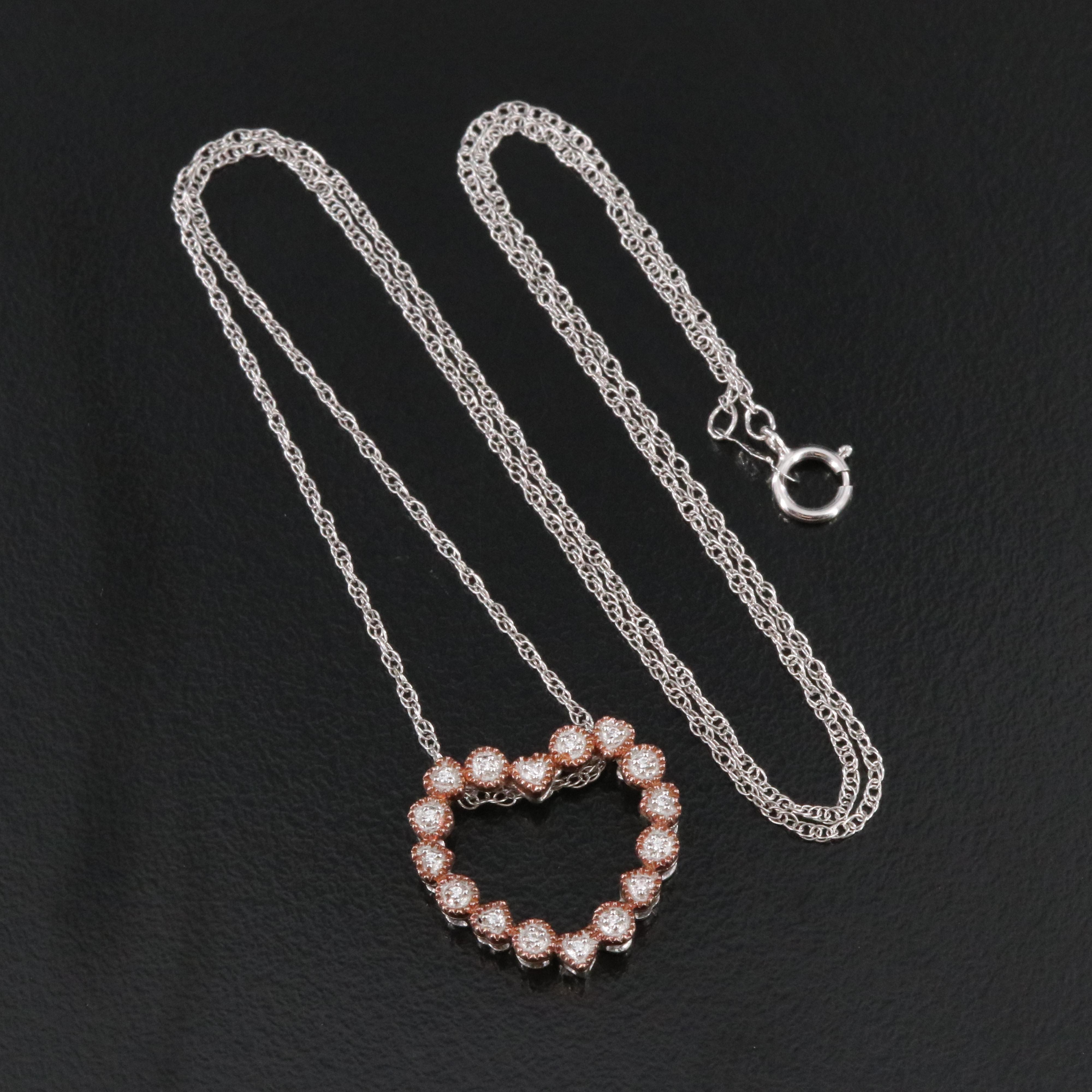 Sterling Diamond Heart Pendant Necklace with Rose Tone Accents