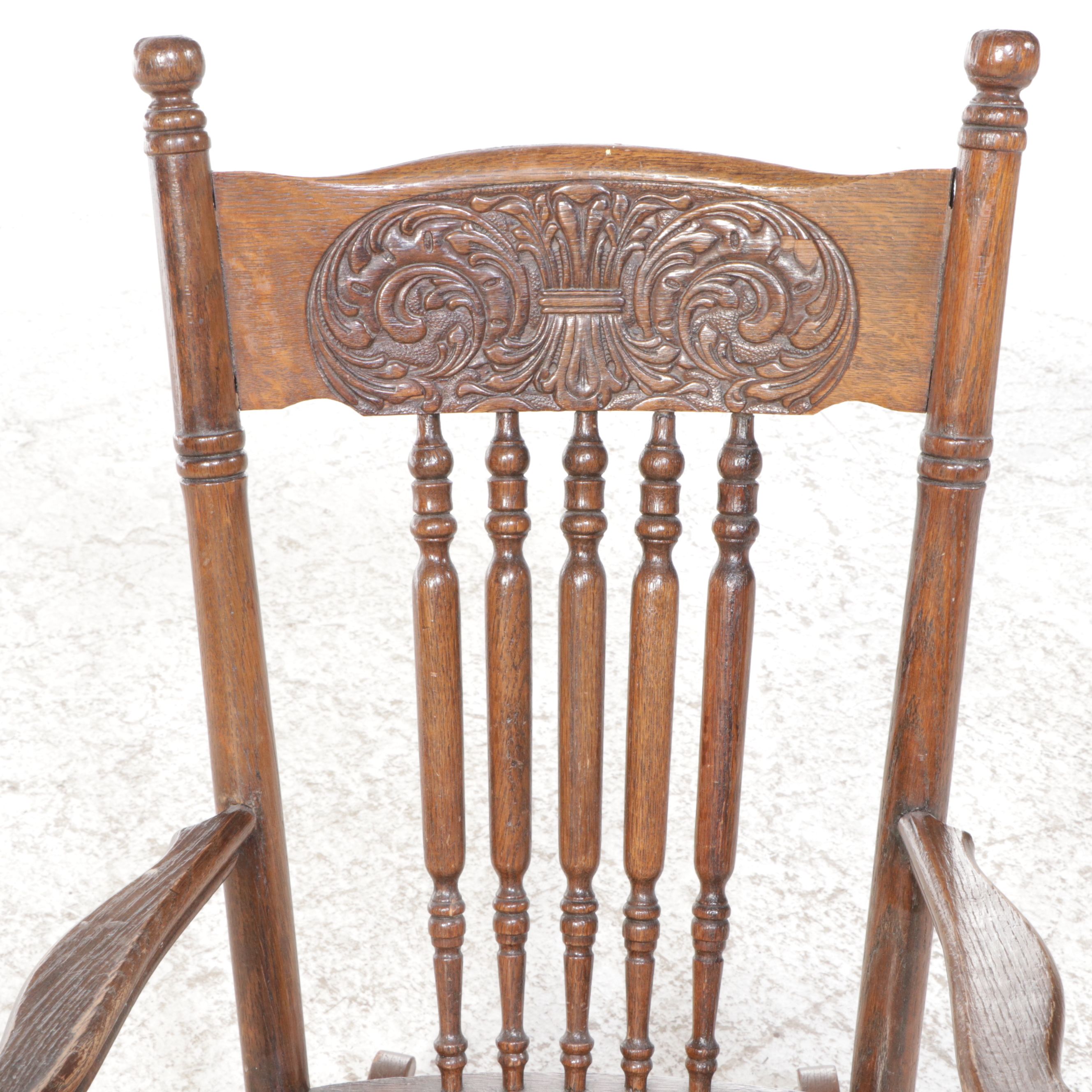 Victorian Carved Oak Rocking Chair with Caned Seat and Bent Wood Armchair