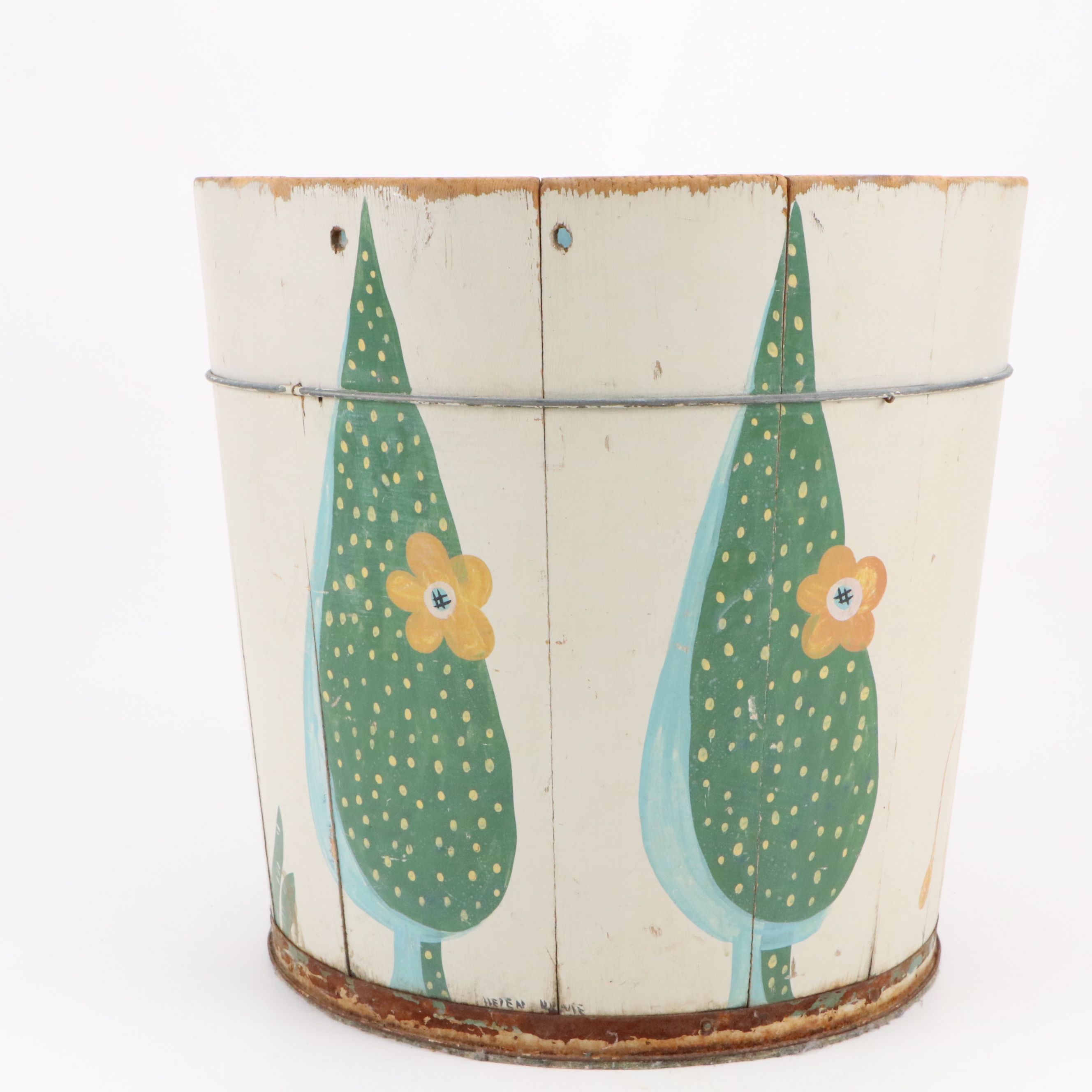 Helen Hume Folk Art Style Hand-Painted Wooden Bucket