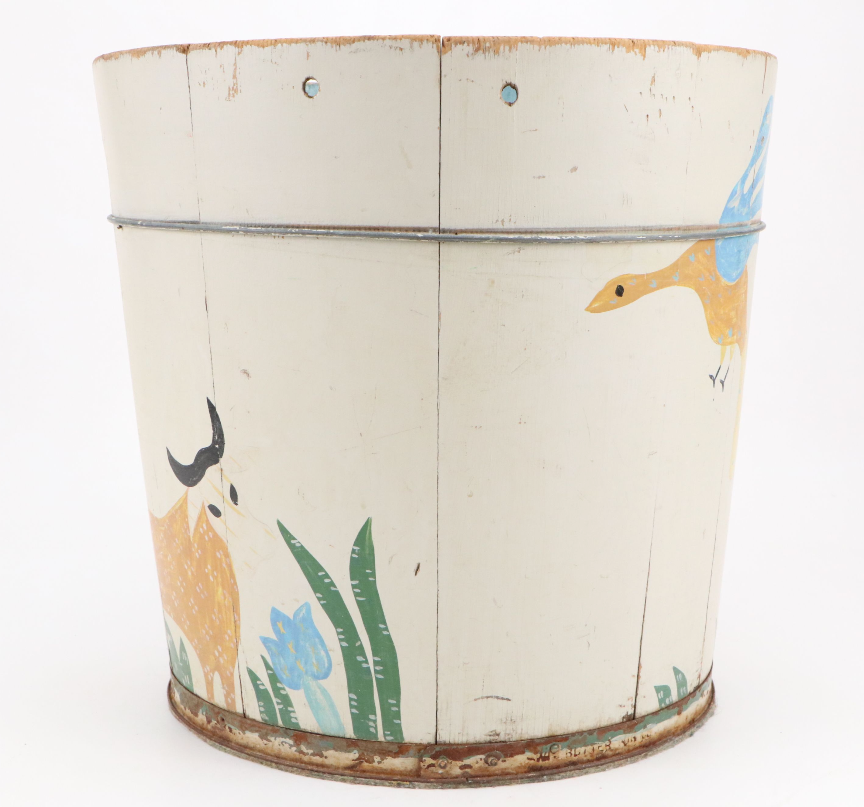Helen Hume Folk Art Style Hand-Painted Wooden Bucket