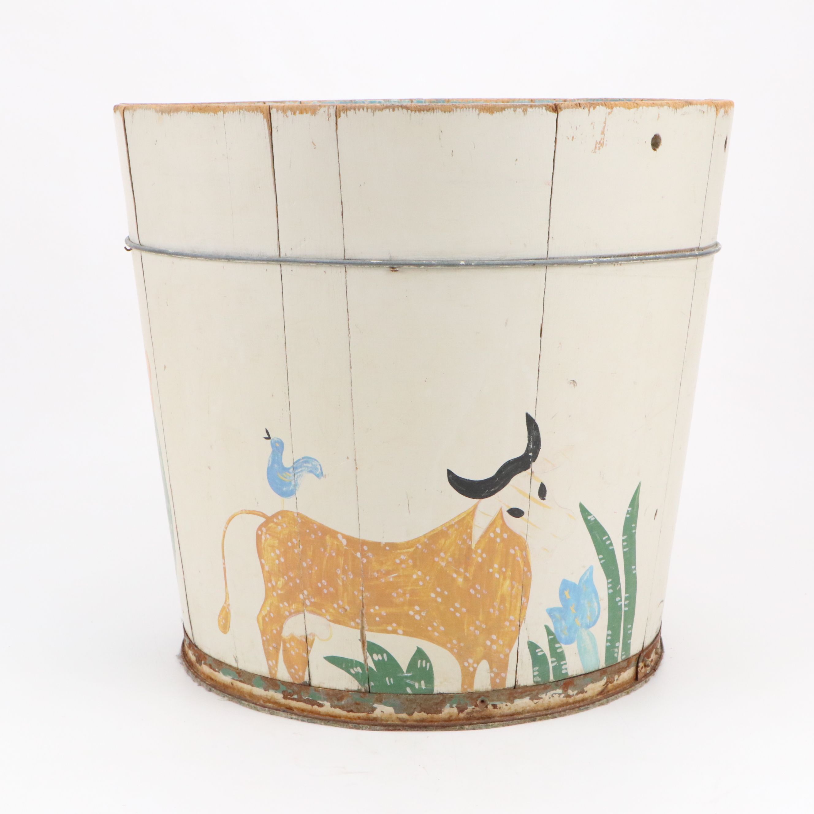 Helen Hume Folk Art Style Hand-Painted Wooden Bucket