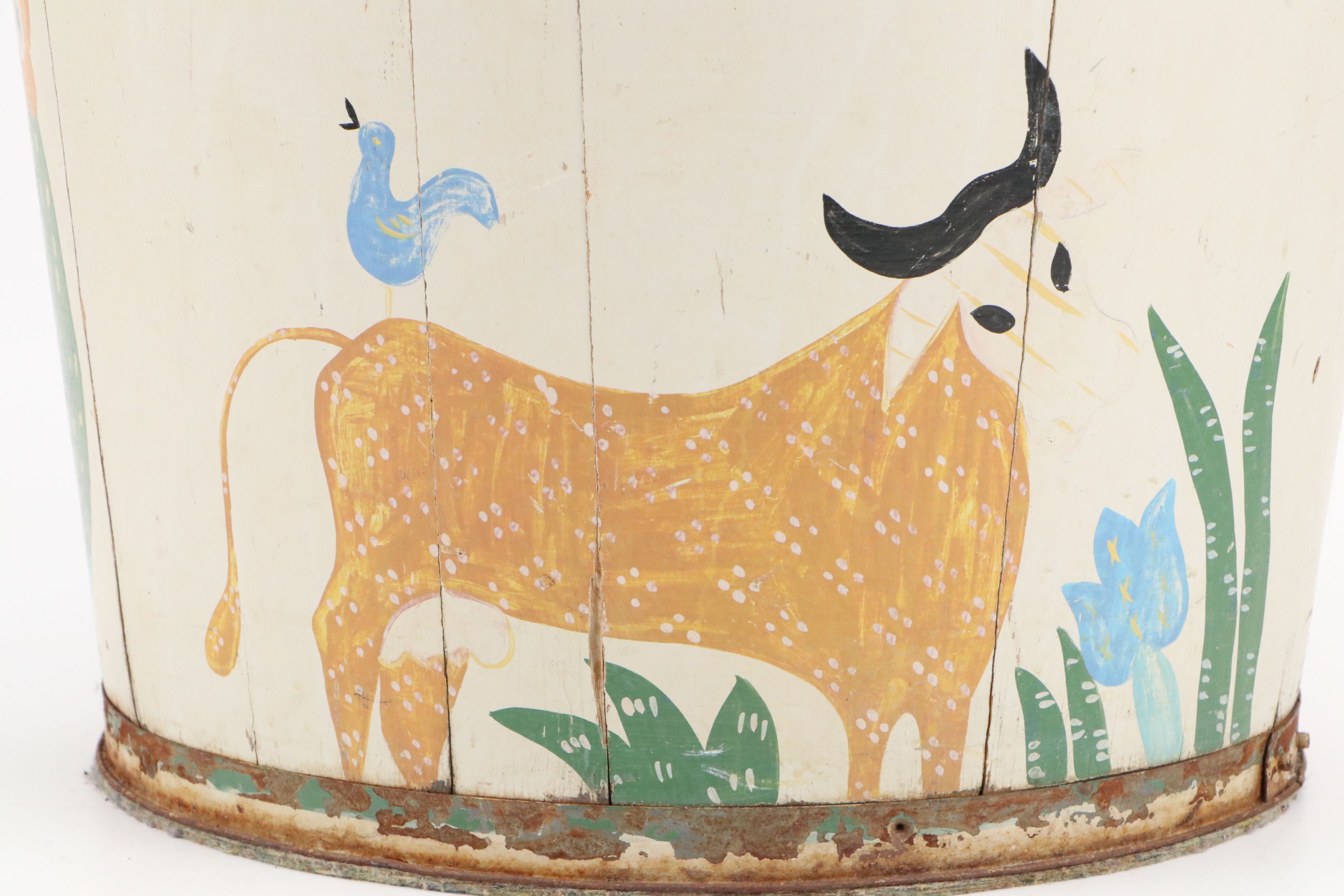 Helen Hume Folk Art Style Hand-Painted Wooden Bucket