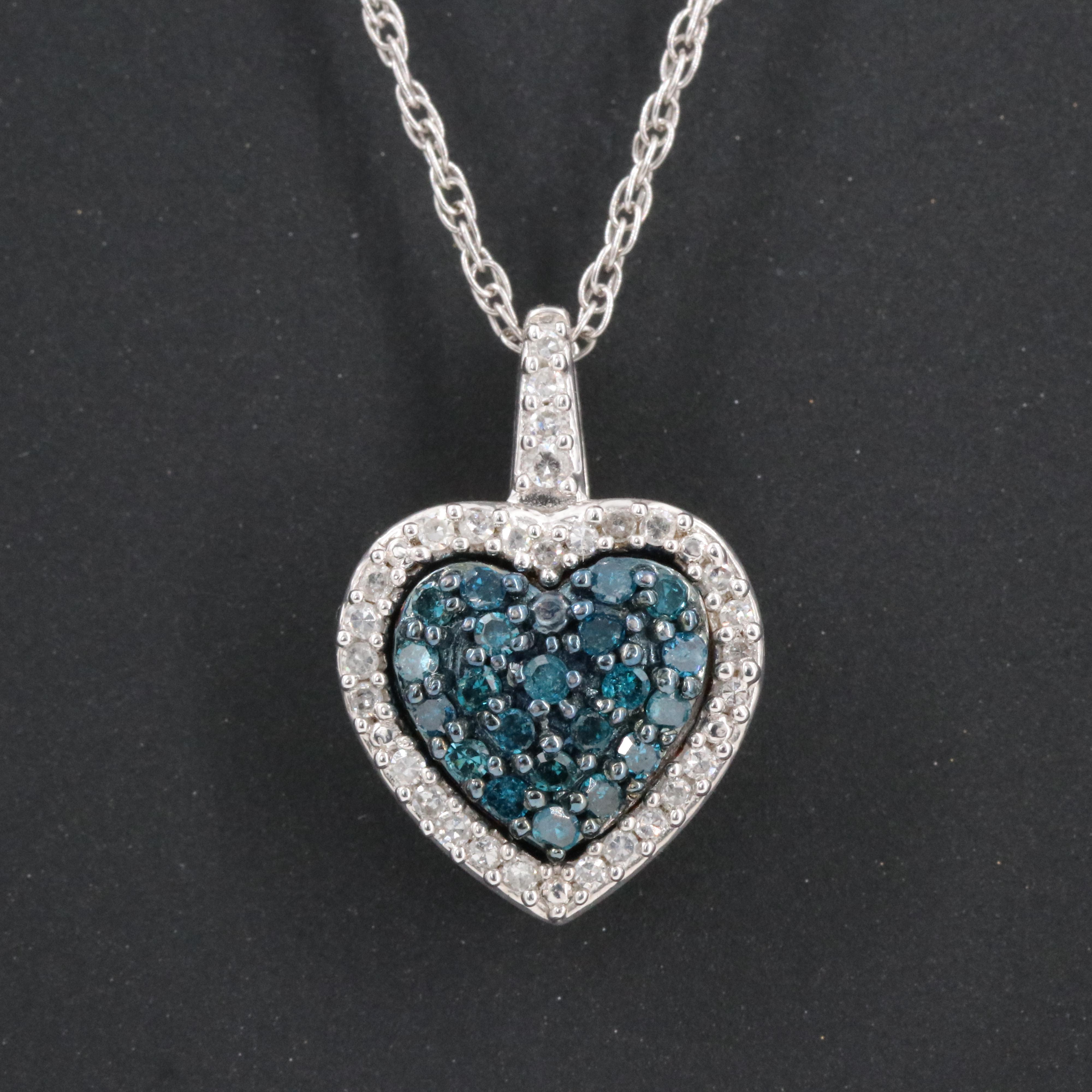 Sterling Diamond Heart Pendant Necklace with Fancy Blue Diamonds