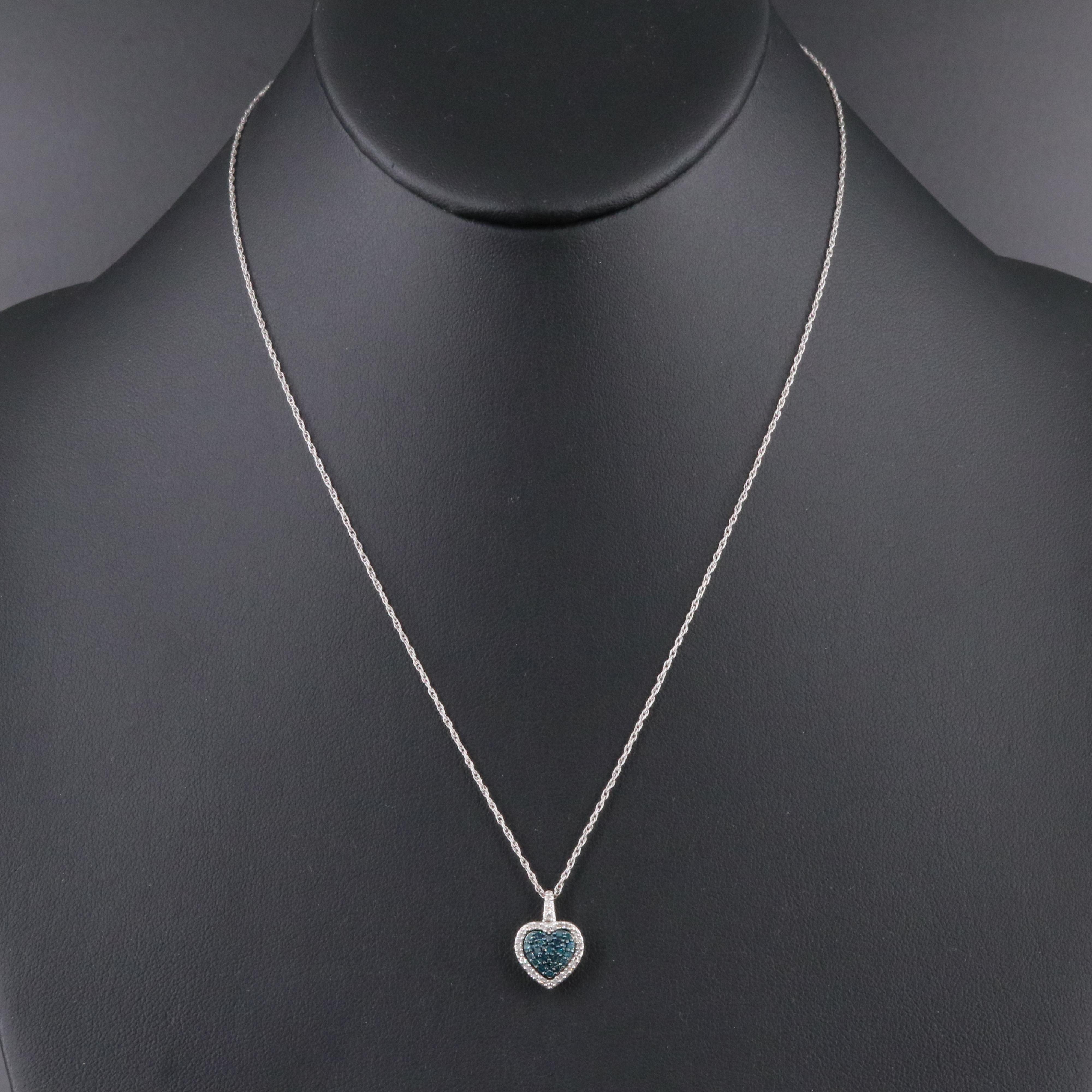 Sterling Diamond Heart Pendant Necklace with Fancy Blue Diamonds