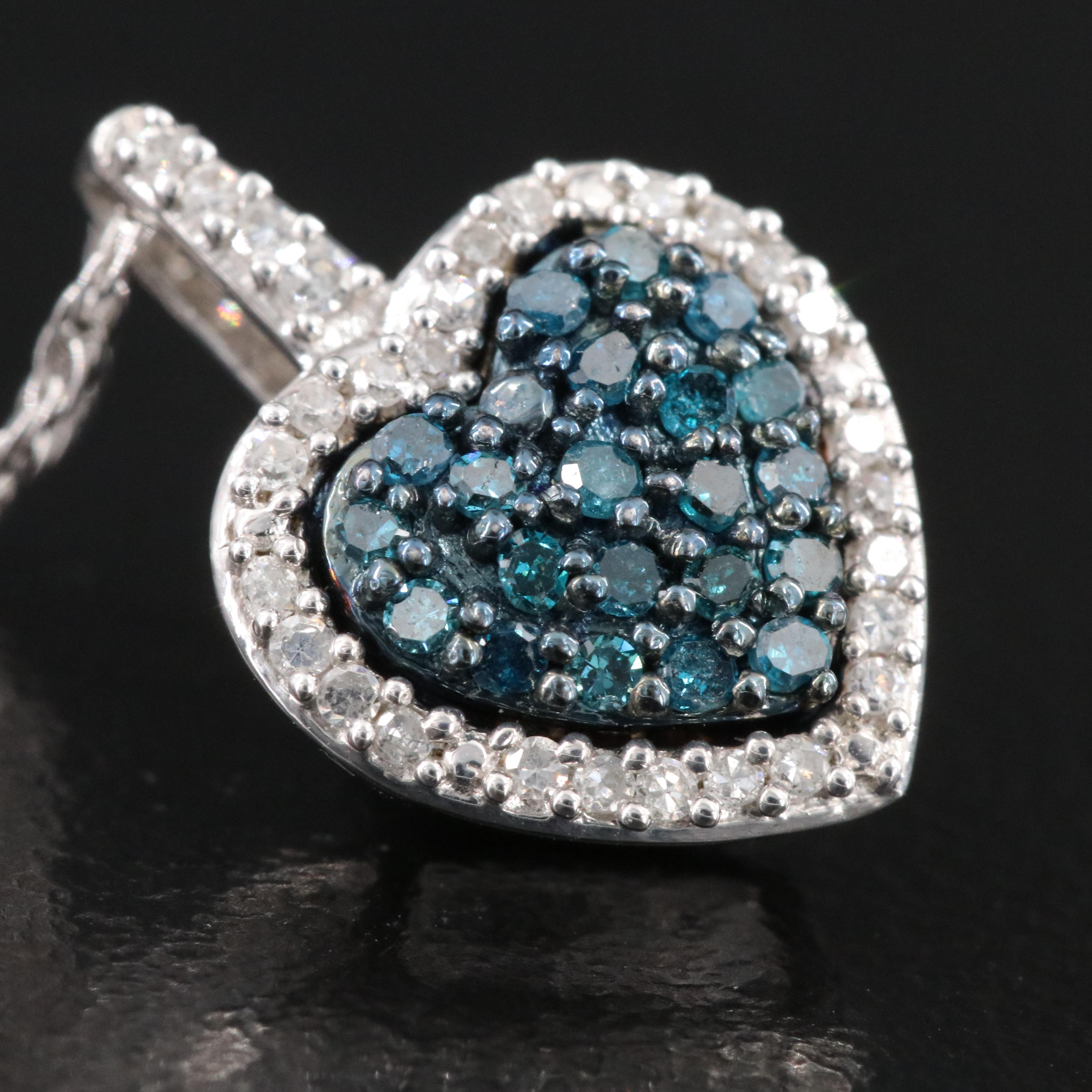 Sterling Diamond Heart Pendant Necklace with Fancy Blue Diamonds