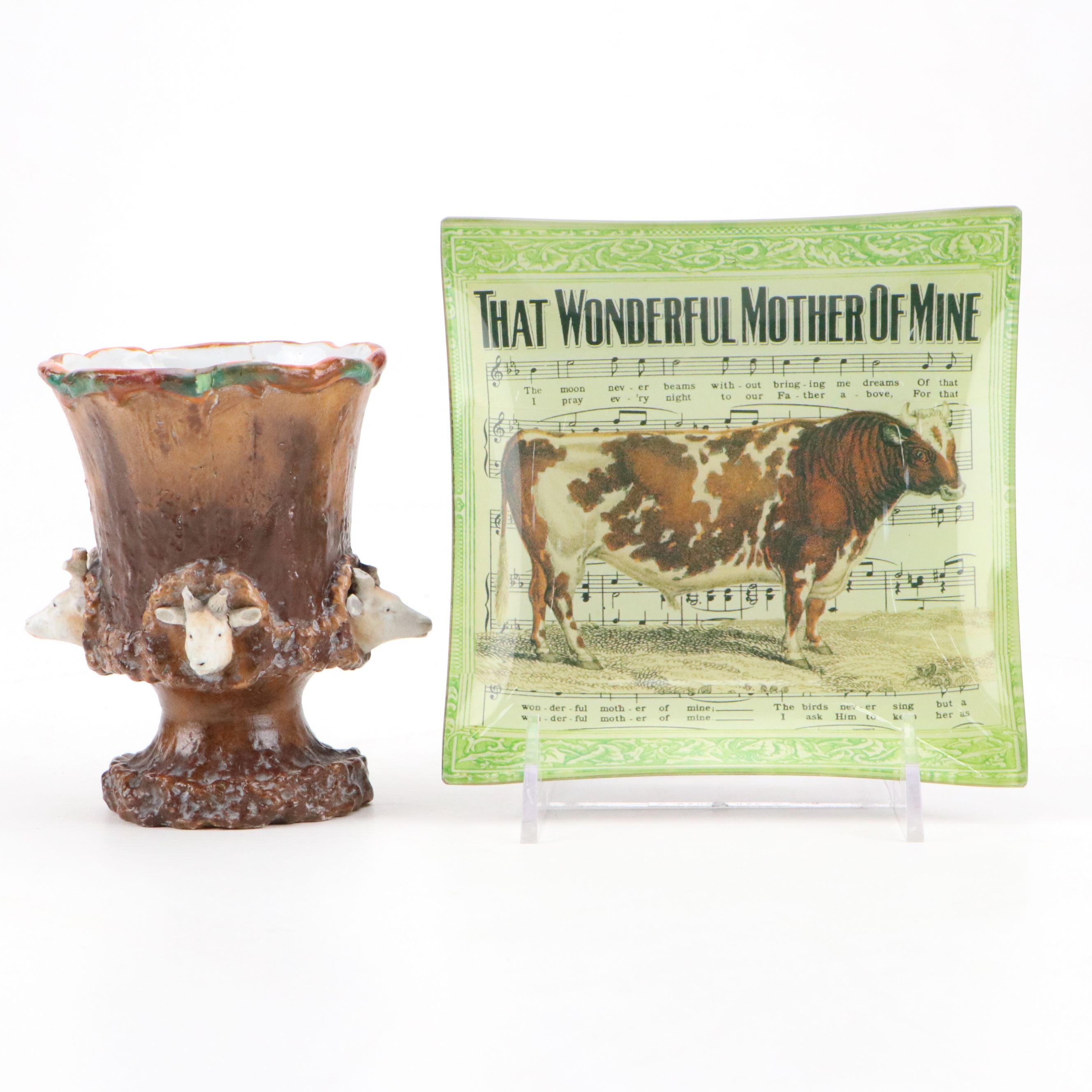 Kaas GlassWorks "That Wonderful Mother of Mine" Dish with Majolica Style Vase