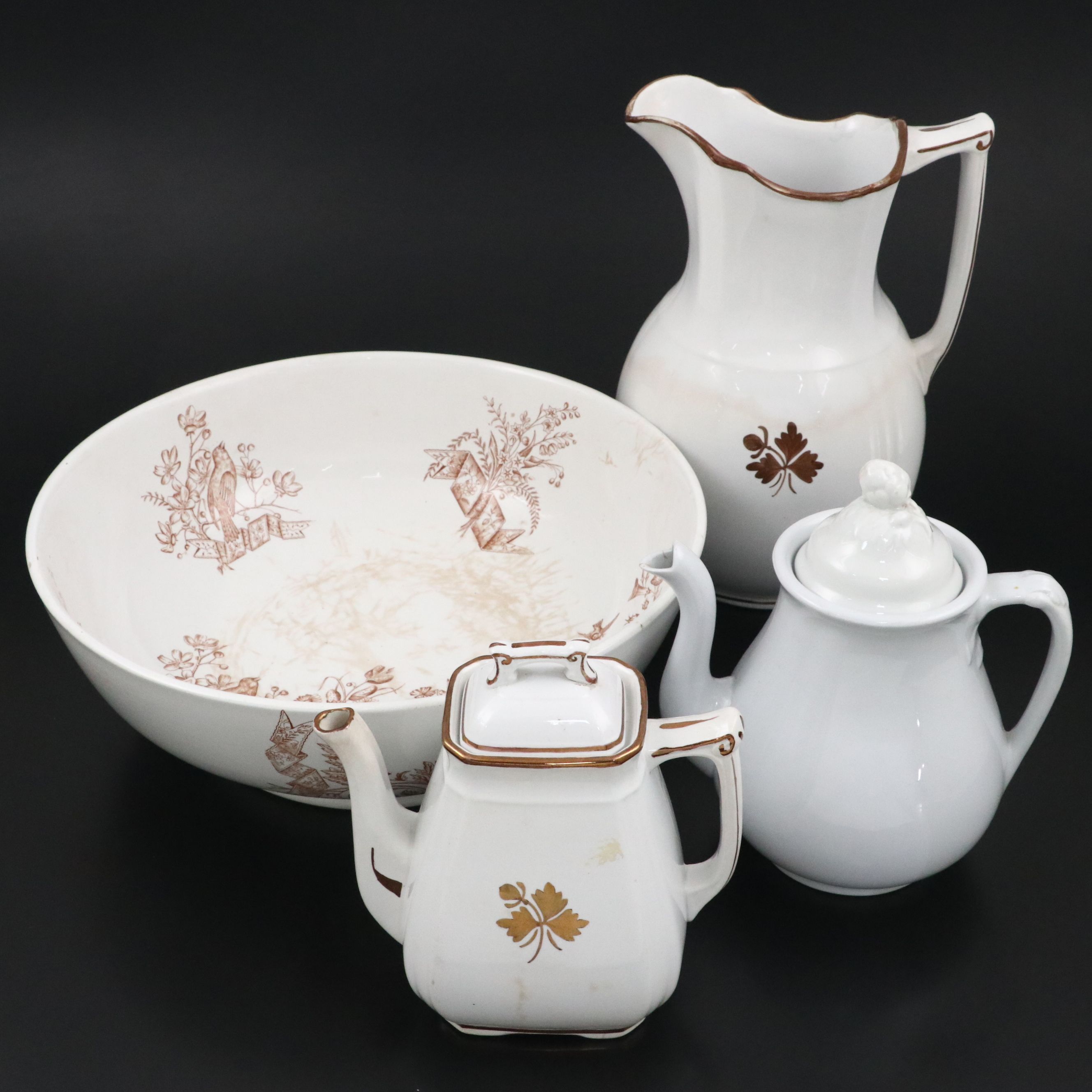 European Ceramic Pitcher and Beaker with Ironstone Coffee Pots