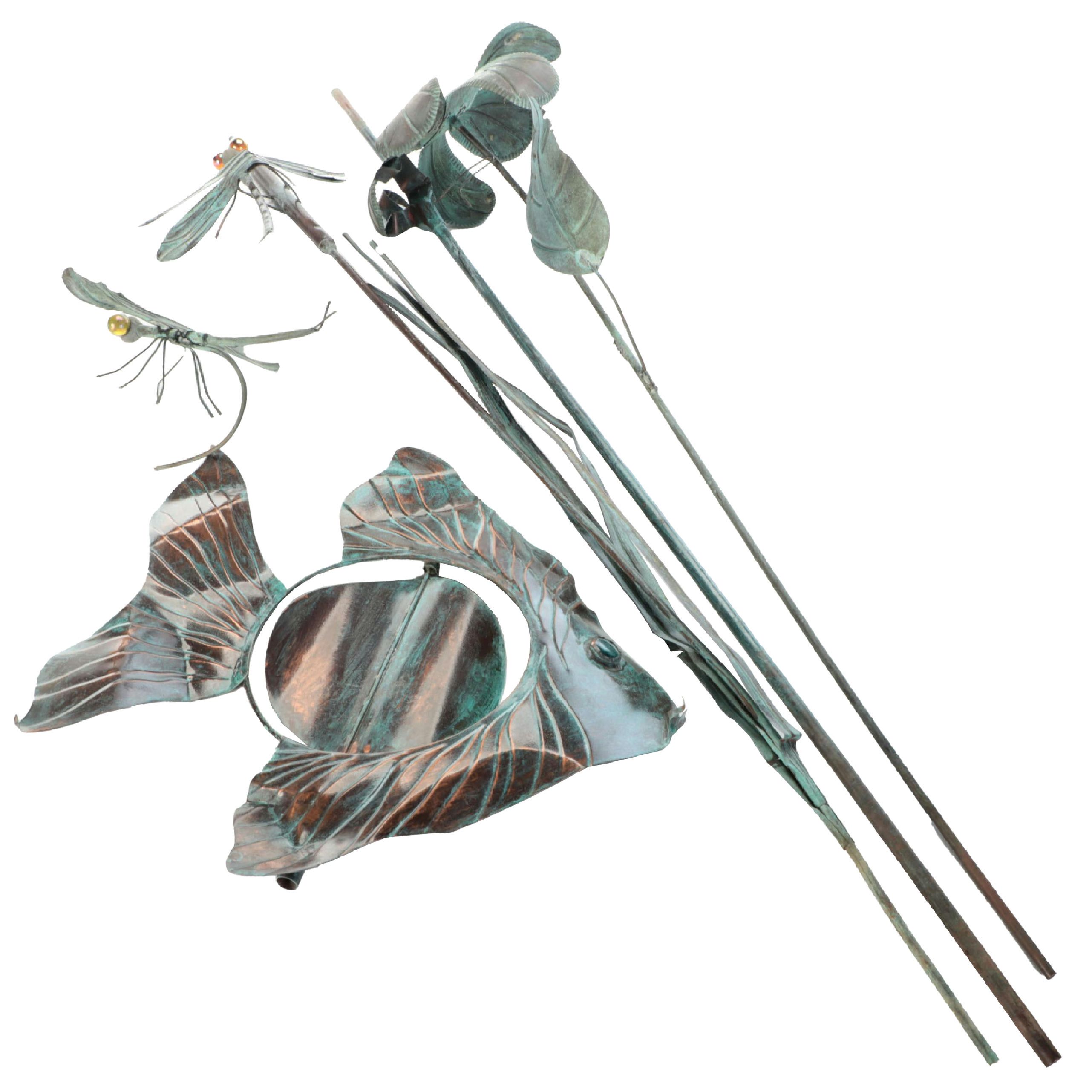 Fish Wind Vane and Dragonfly Metal Garden Poles