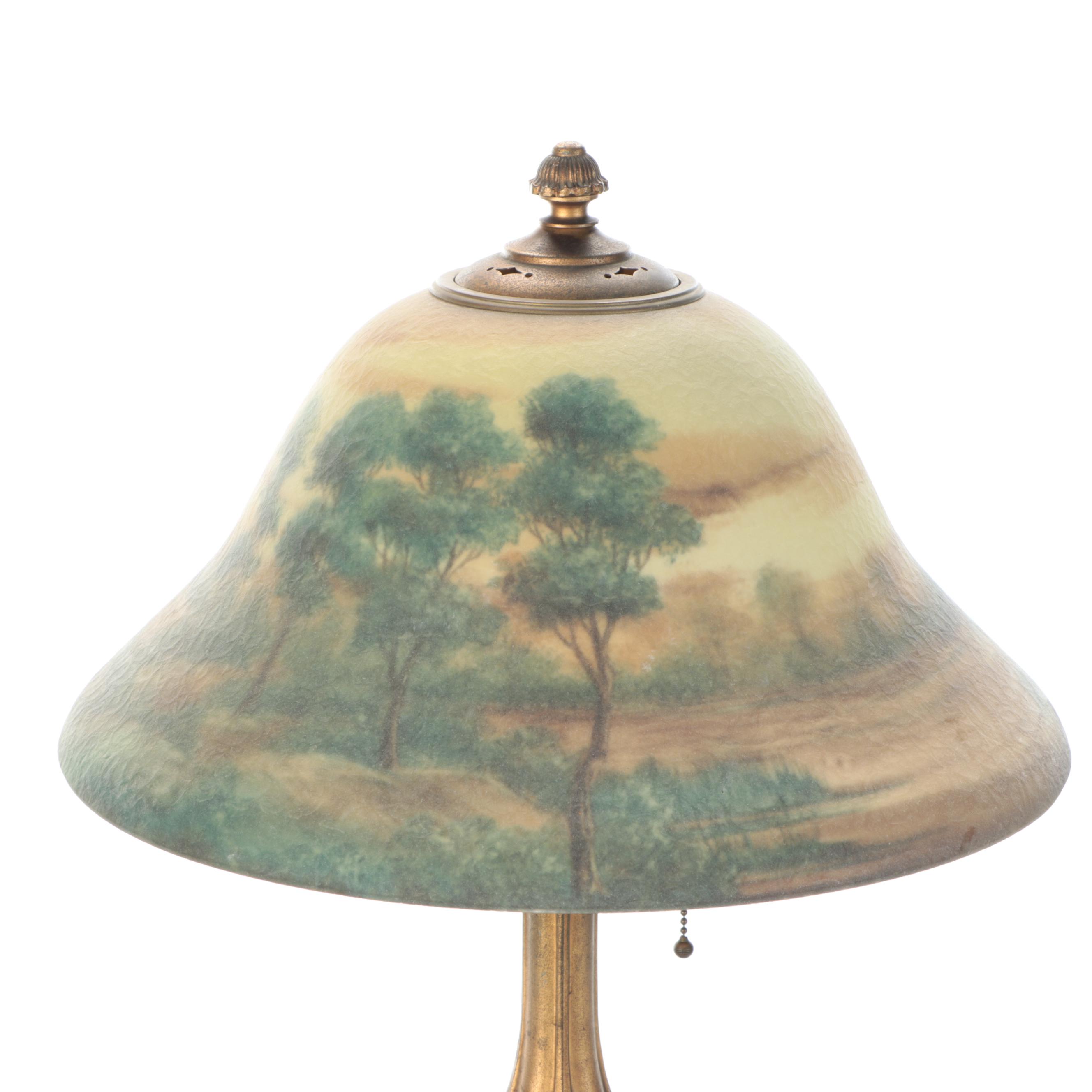 Art Nouveau Brass Finish Metal Table Lamp with Glass Shade