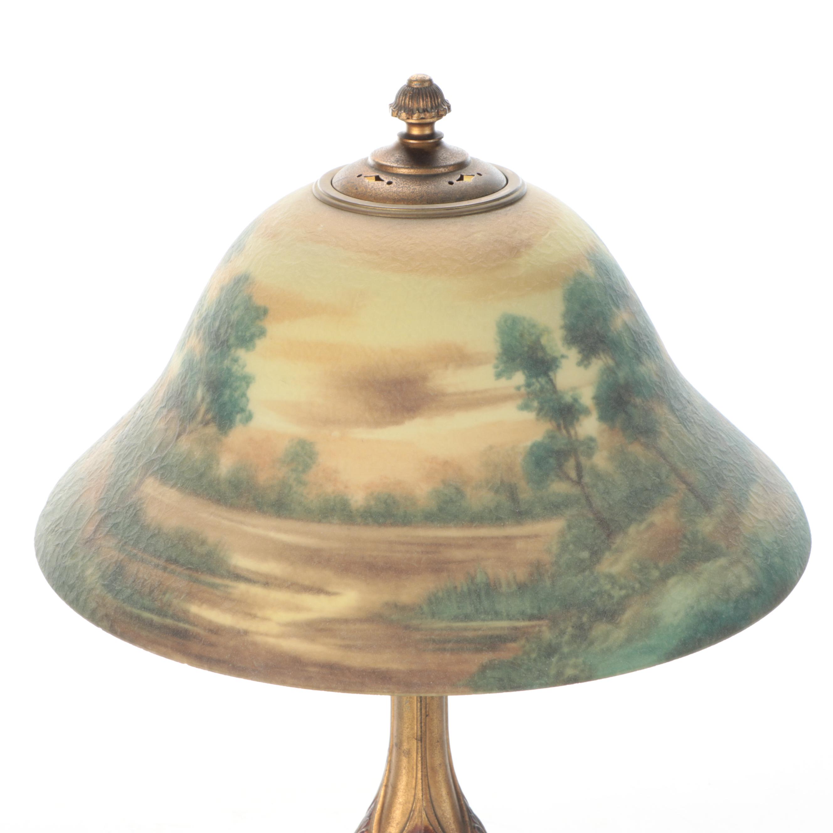 Art Nouveau Brass Finish Metal Table Lamp with Glass Shade
