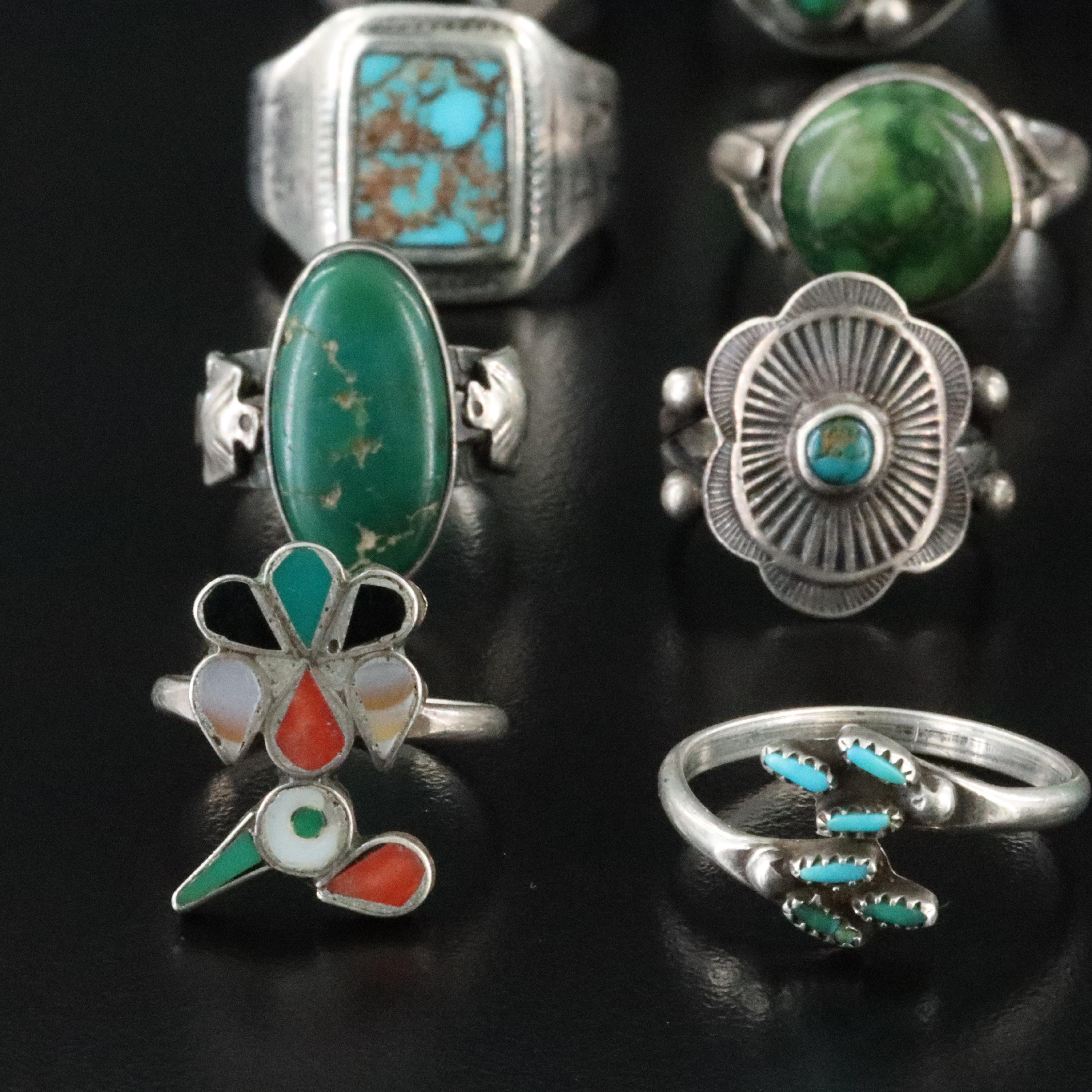 Southwestern Sterling Ring Collection with Turquoise and Fire Agate