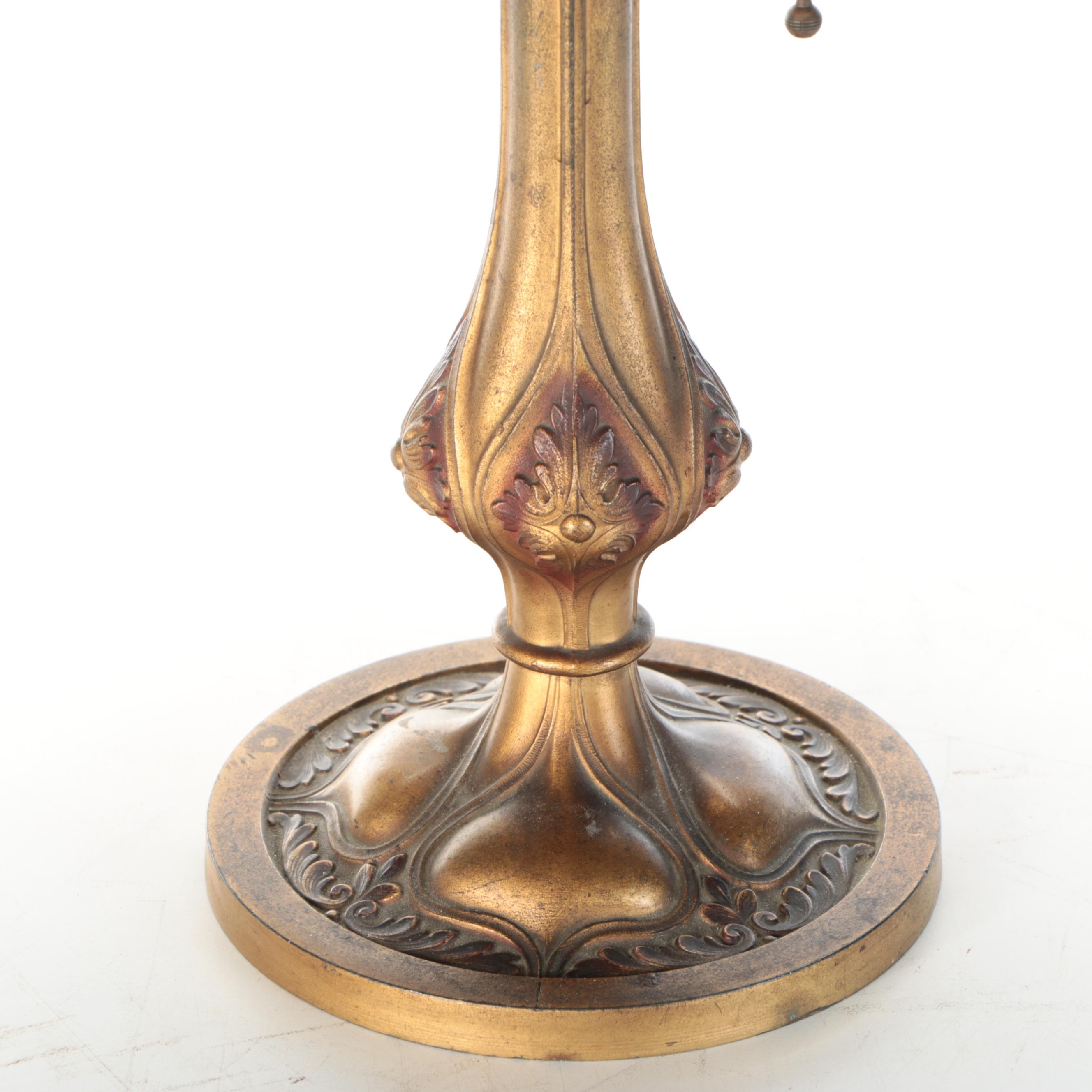 Art Nouveau Brass Finish Metal Table Lamp with Glass Shade