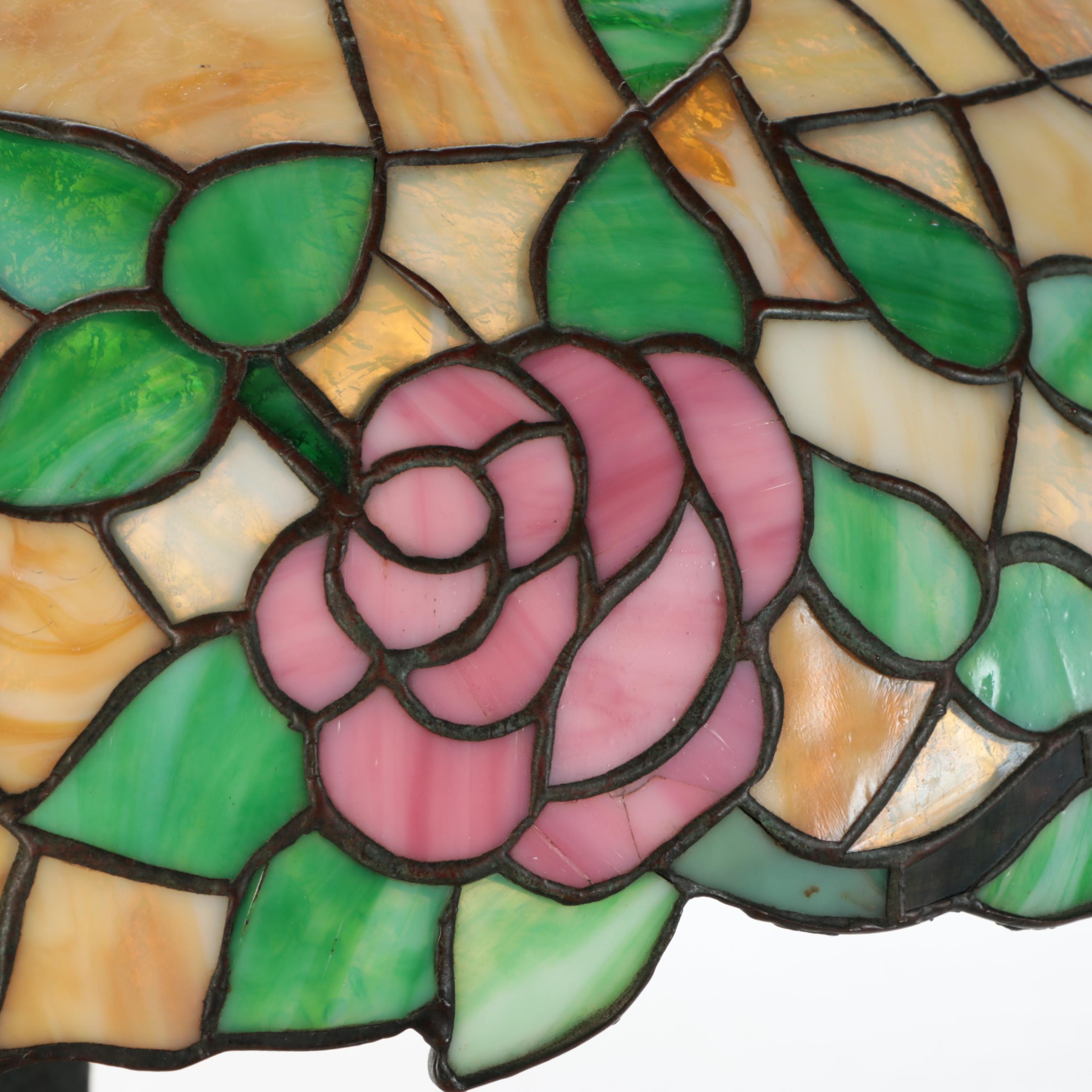 Art Nouveau Tree Metal Table Lamp with Pink Rose Stained Glass Shade