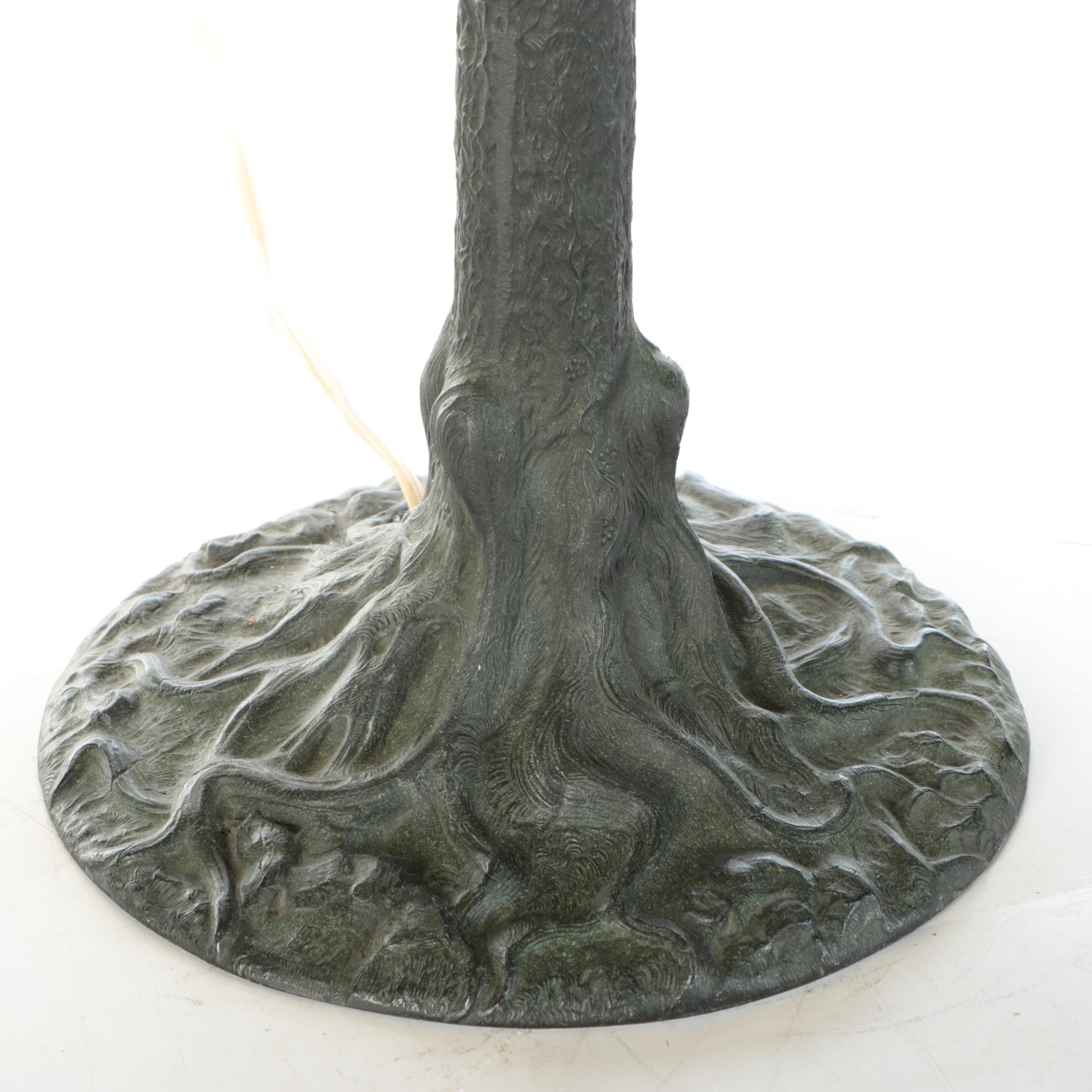 Art Nouveau Tree Metal Table Lamp with Pink Rose Stained Glass Shade