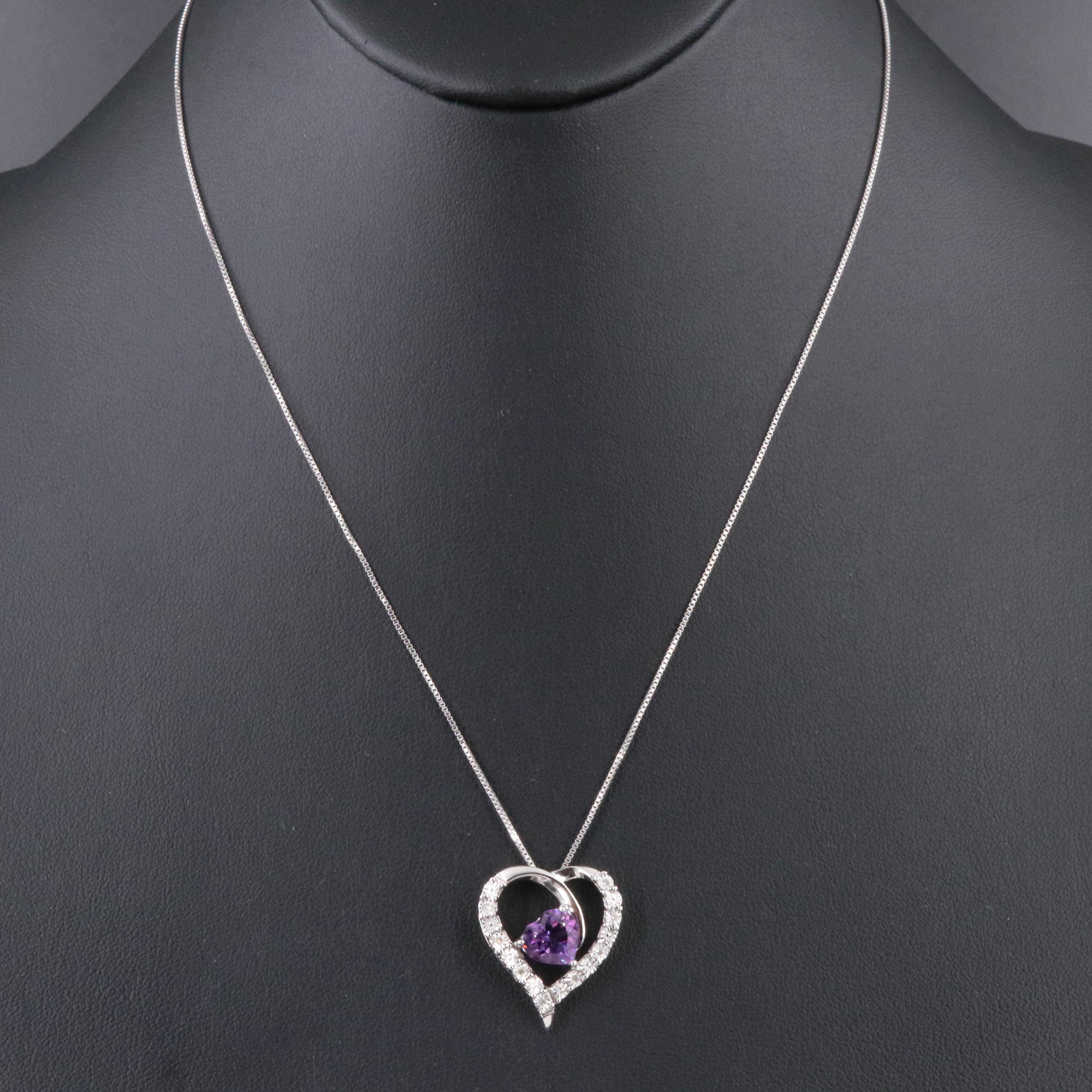 Sterling Amethyst and Diamond Heart Pendant Necklace