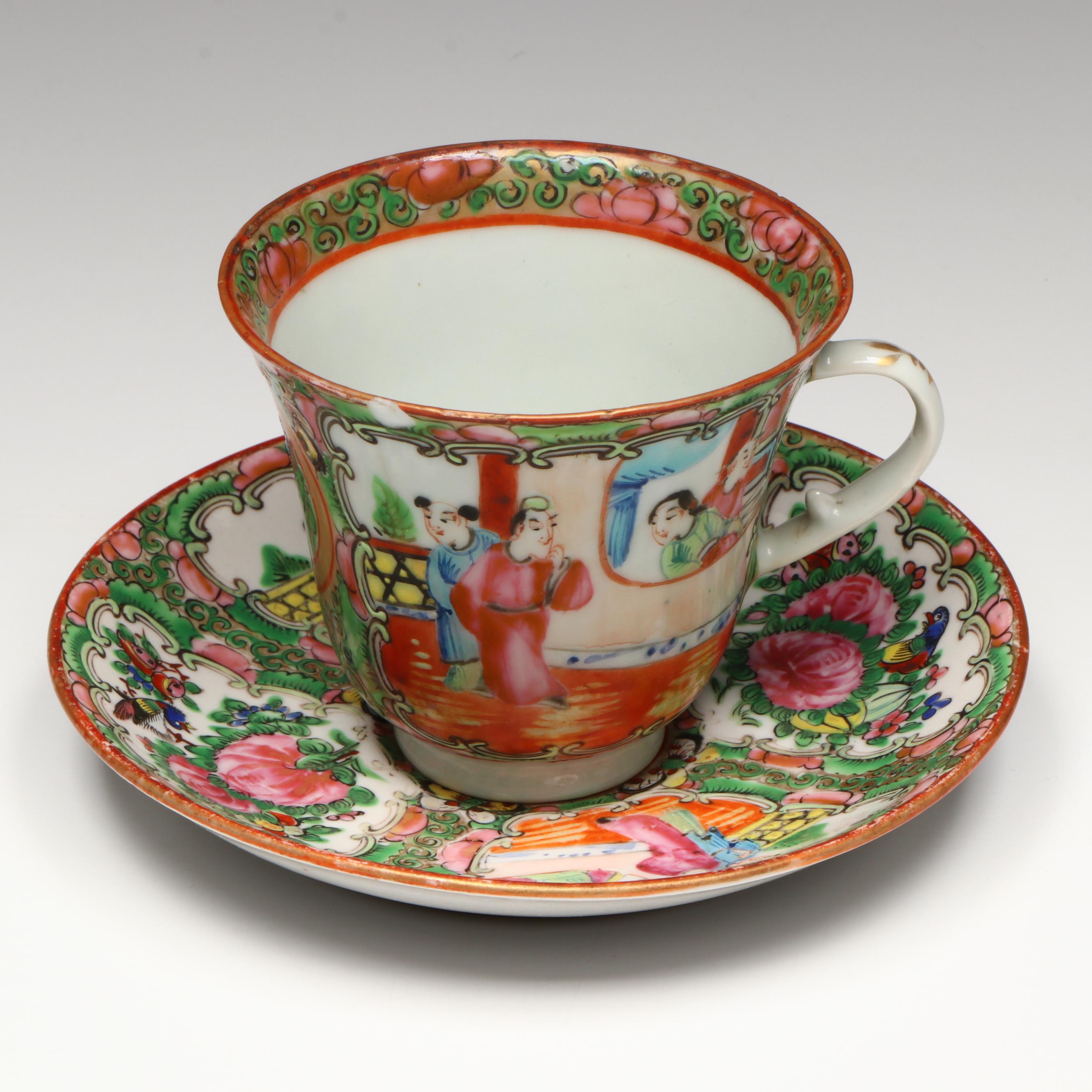 Qing Dynasty Style Court Scene Ceramic Plate, Teacup and Saucer
