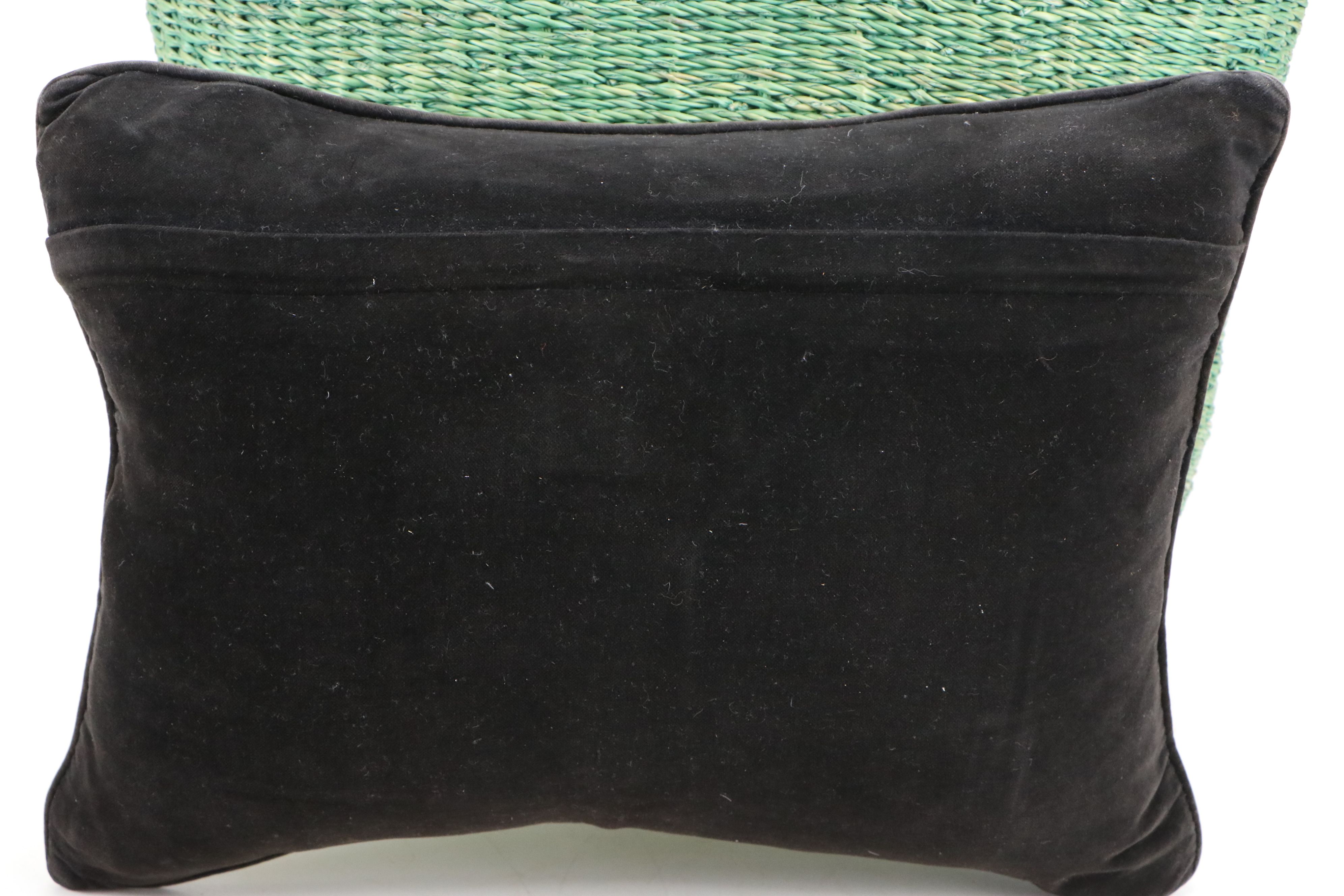 Figural Needlepoint Pillows with Vintage Pig Coin Bank and Woven Tote Bag