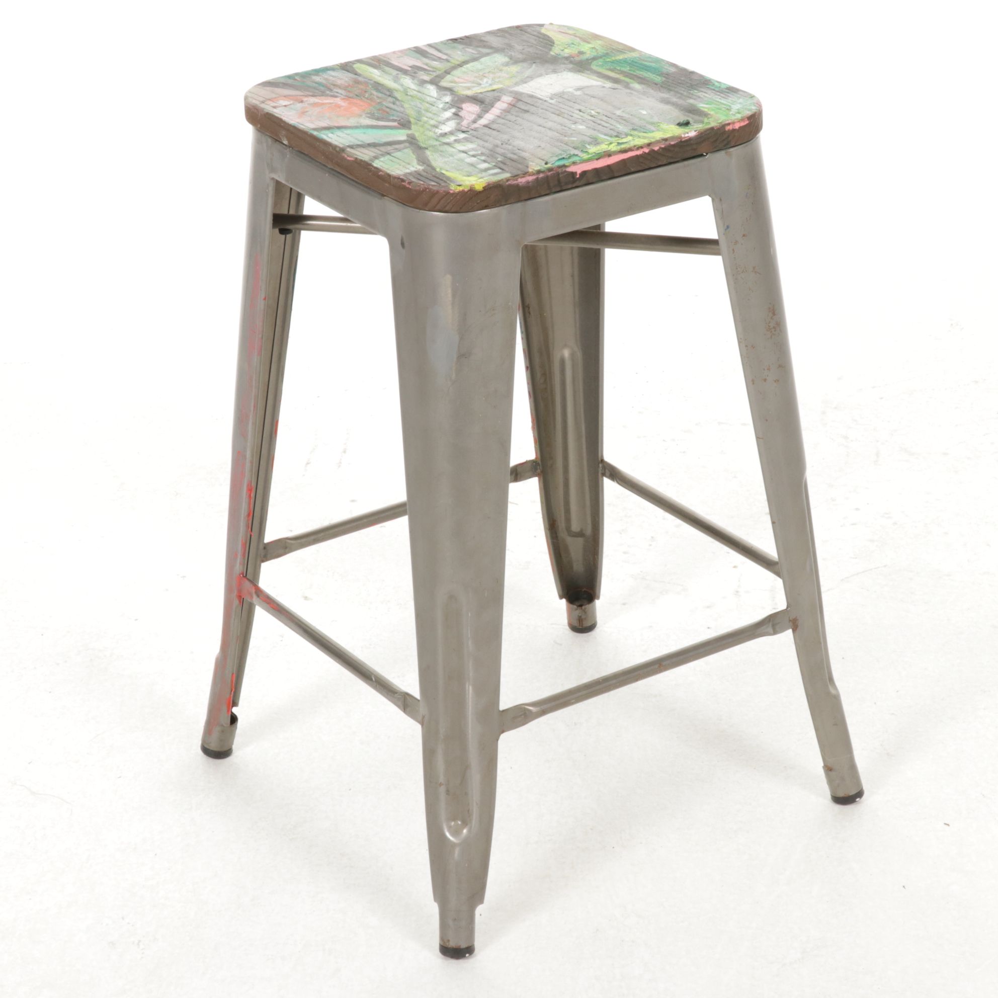 Three Metal Stools with Hand-Painted Wood Seats