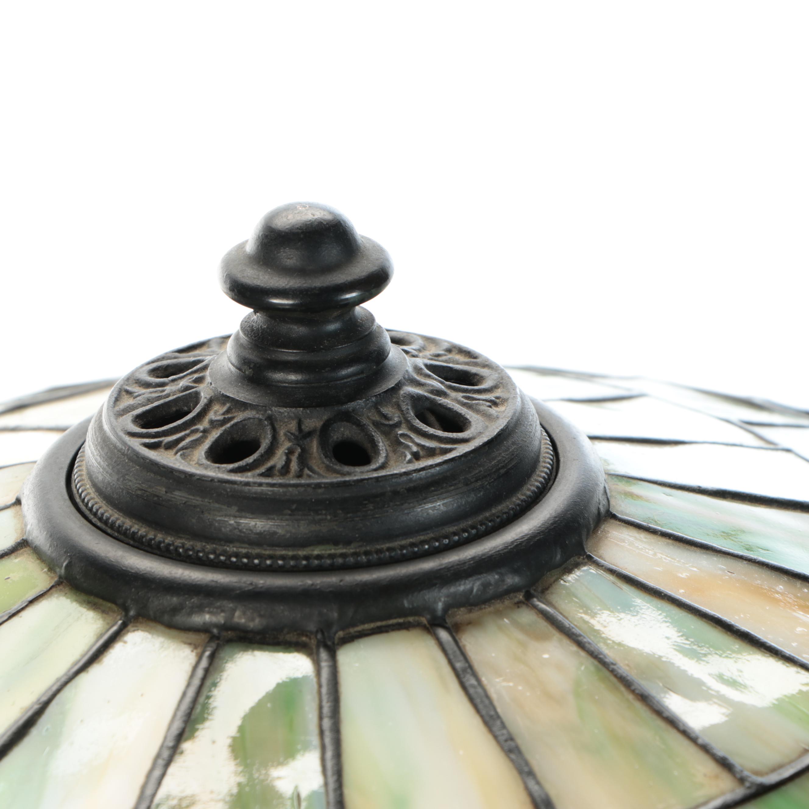 Art Nouveau Metal Table Lamp with Floral Stained Glass Shade