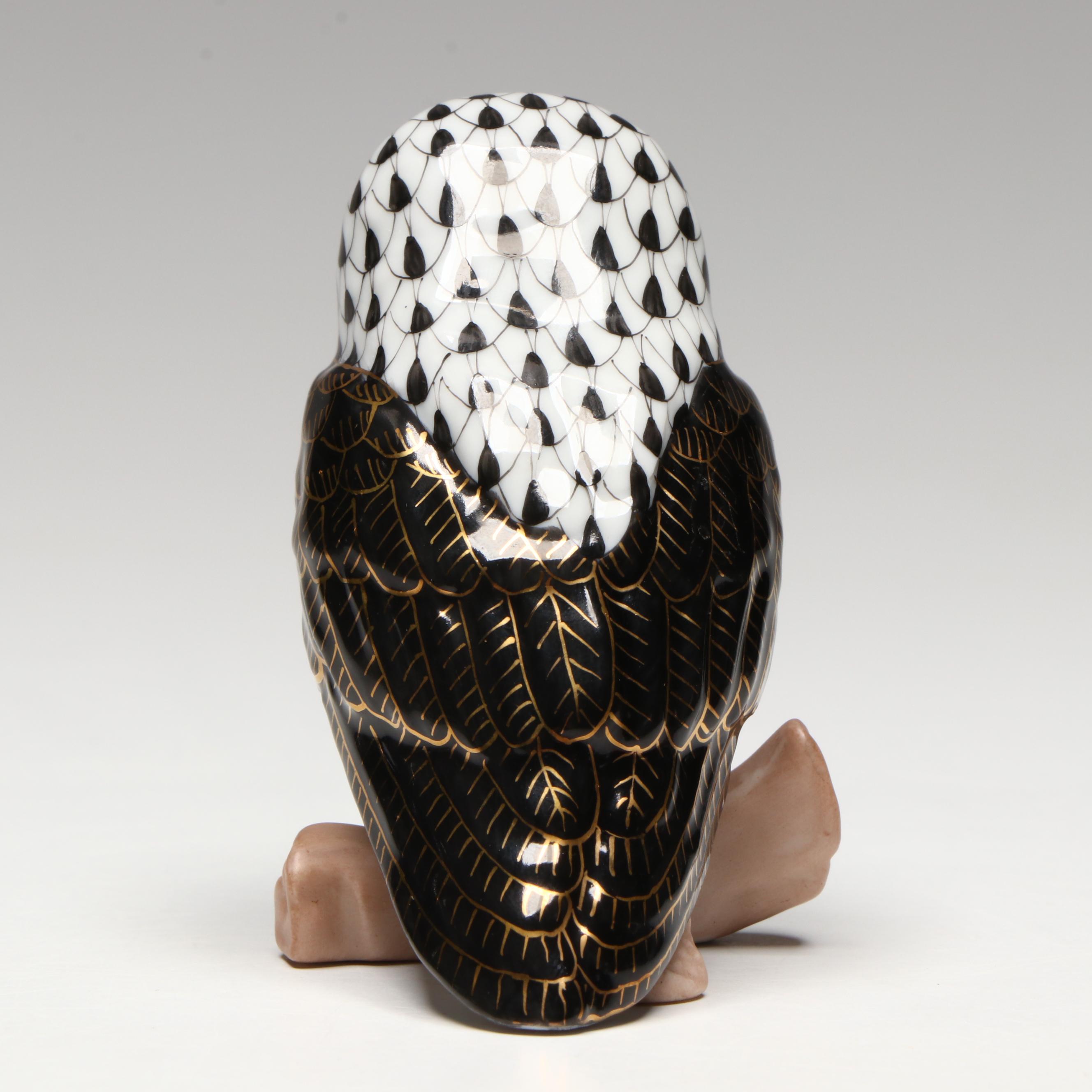 Herend Black Fishnet with Gold "Barn Owl" Porcelain Figurine