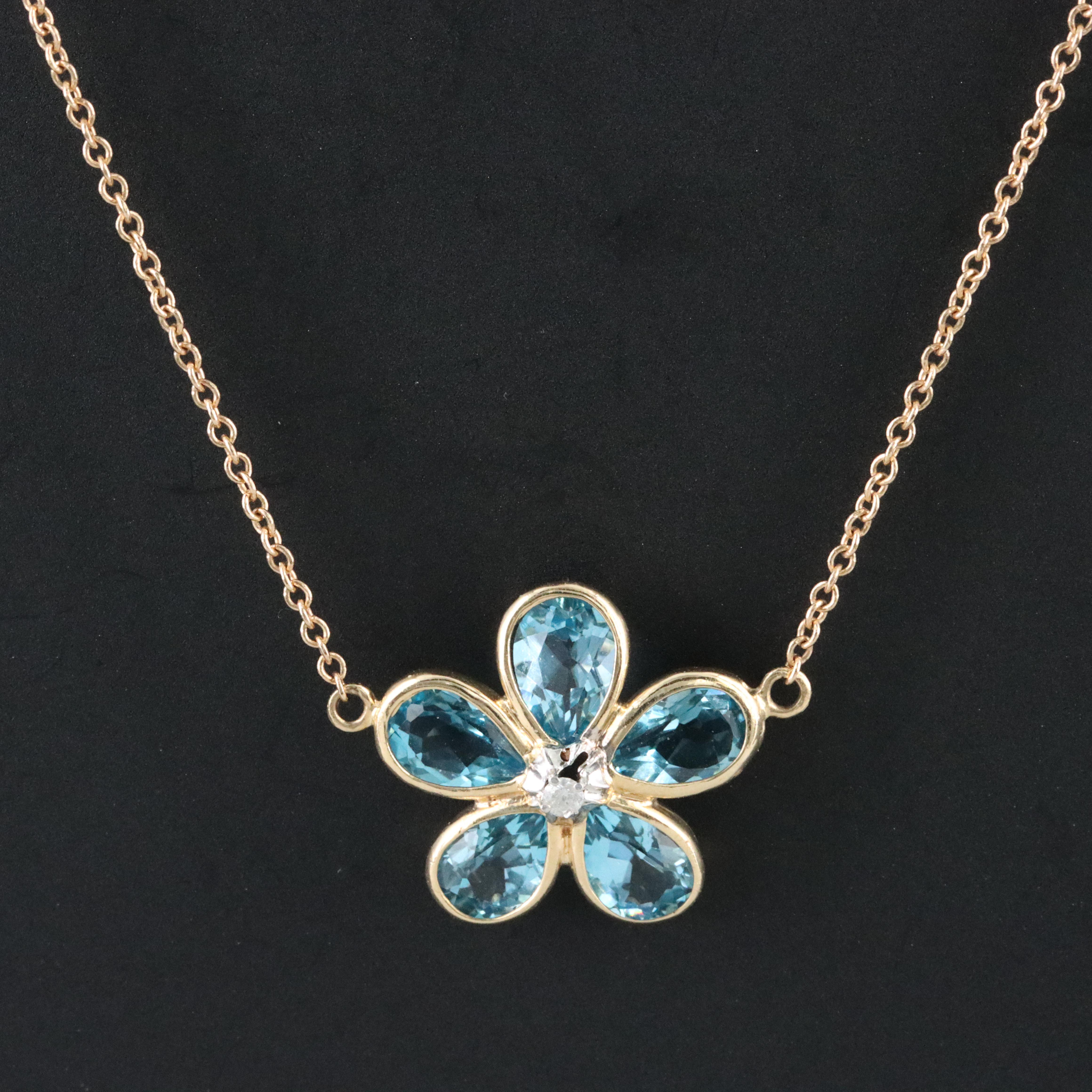 14K Swiss Blue Topaz and Diamond Flower Necklace