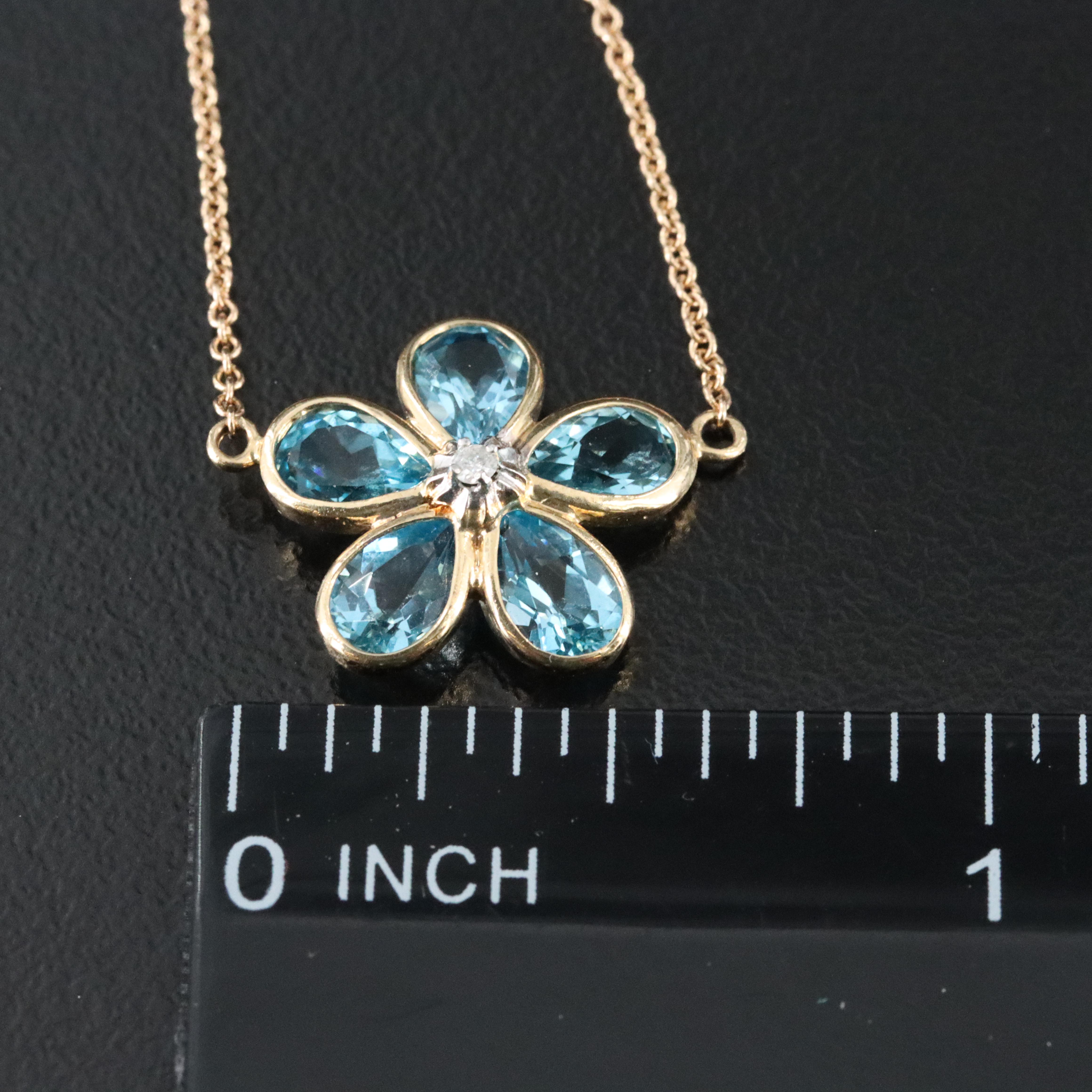 14K Swiss Blue Topaz and Diamond Flower Necklace