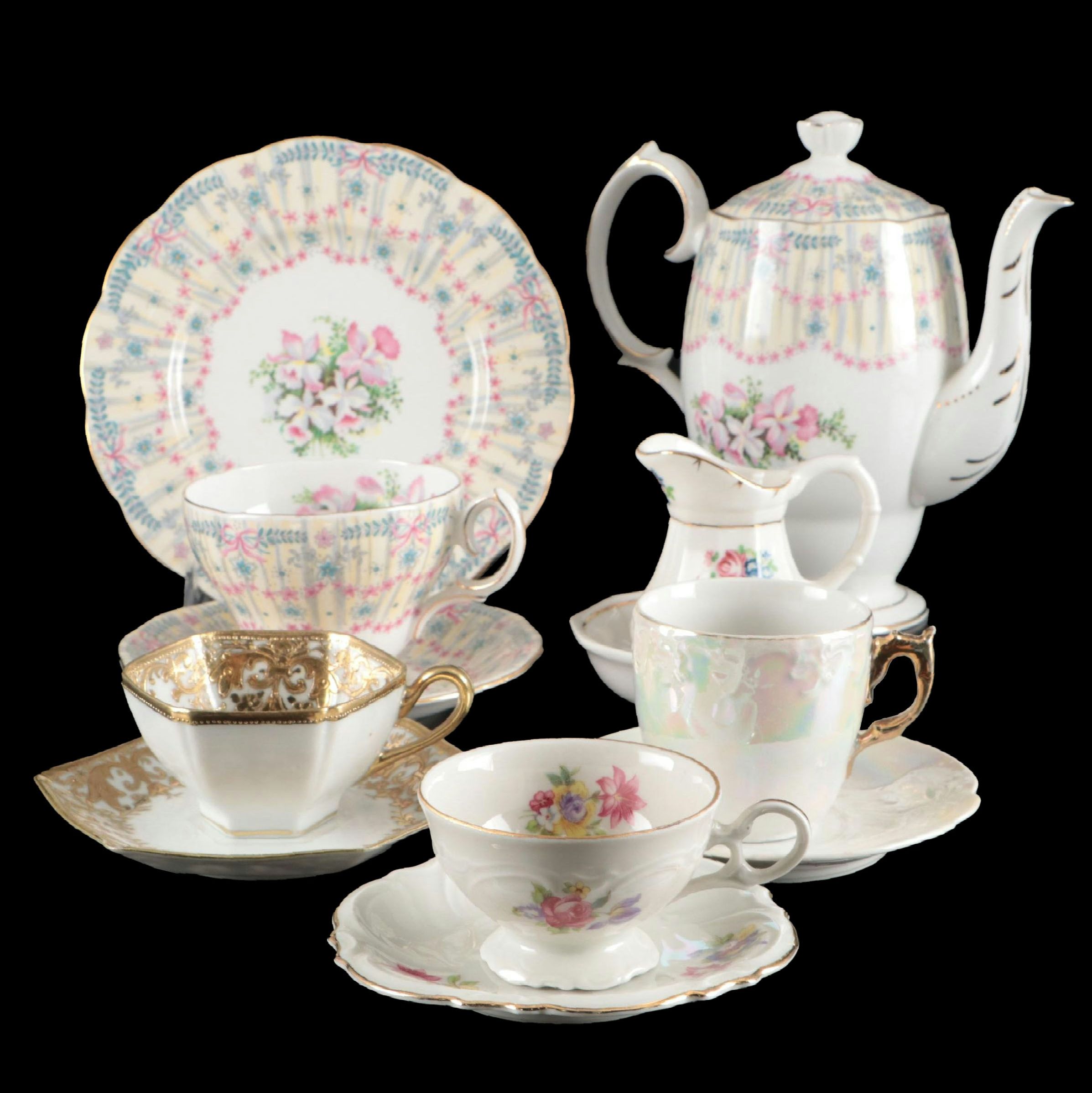 Queen Anne "Royal Bridal Gown" Coffee Pot and Under Plate with Cups and Saucers