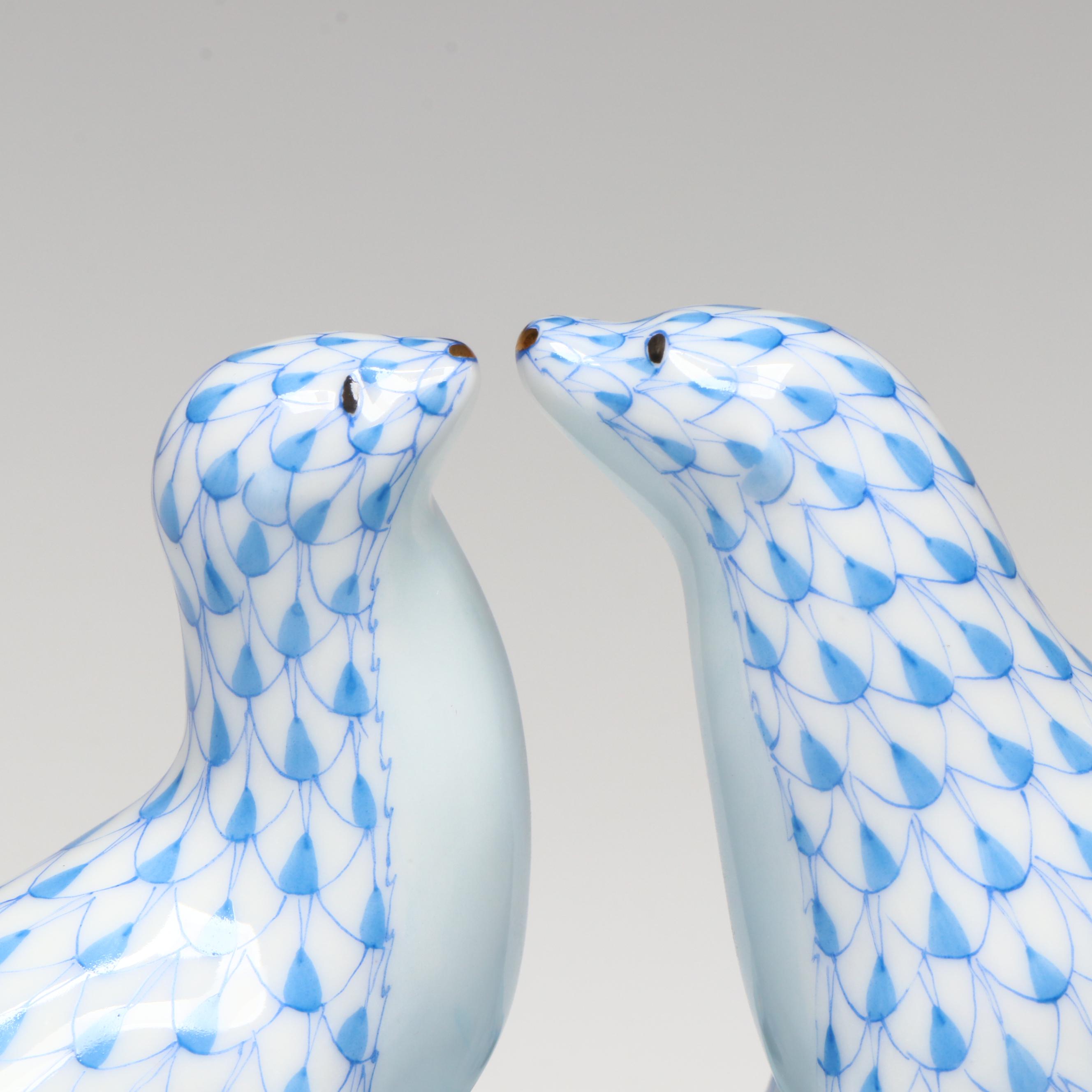 Herend Blue Fishnet with Gold "Kissing Sea Lions" Porcelain Figurine