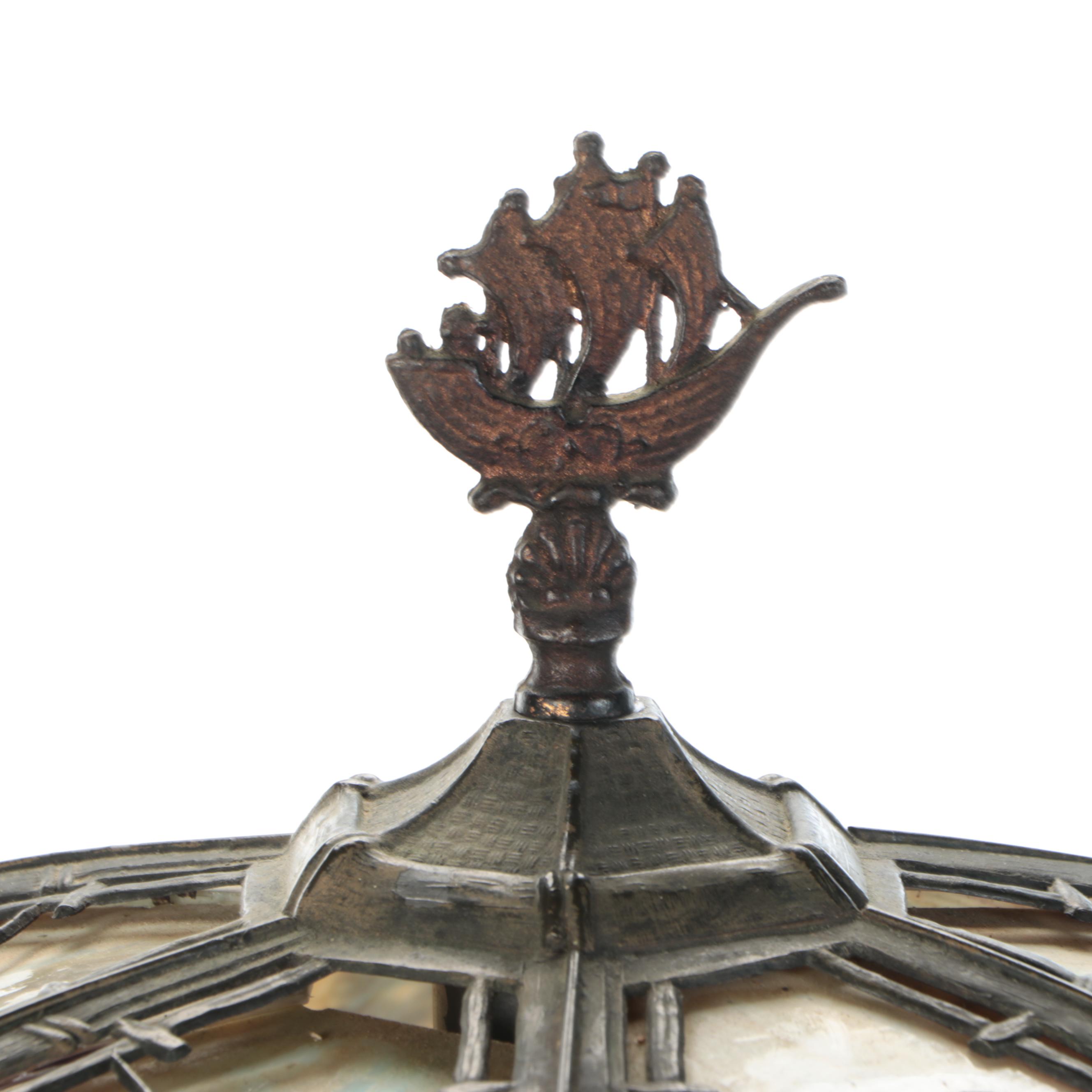 Art Nouveau Lamp with Japanese Garden Scene Overlay on Bent Panel Slag Shade