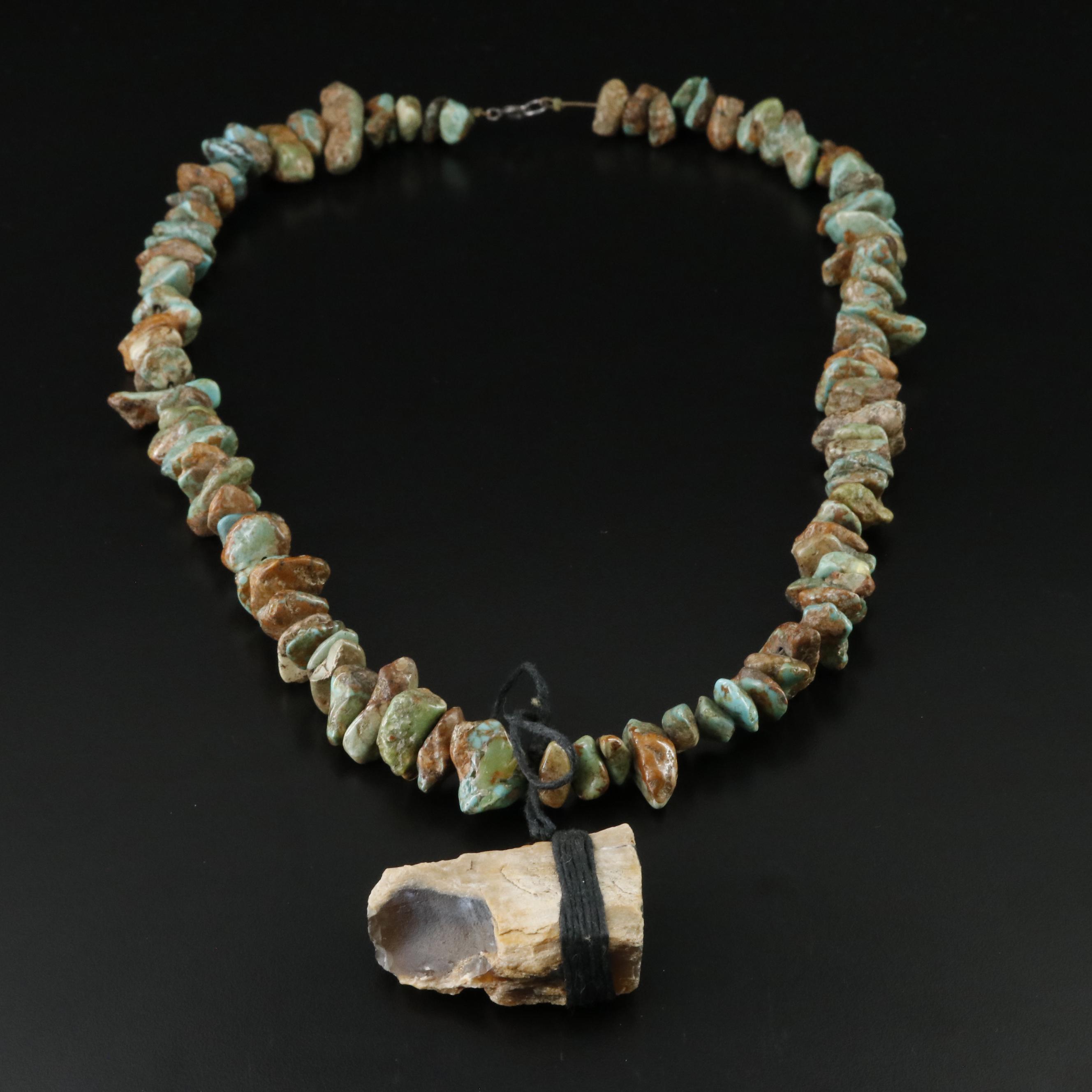 Turquoise Necklace with Wrapped Agatized Bone Pendant