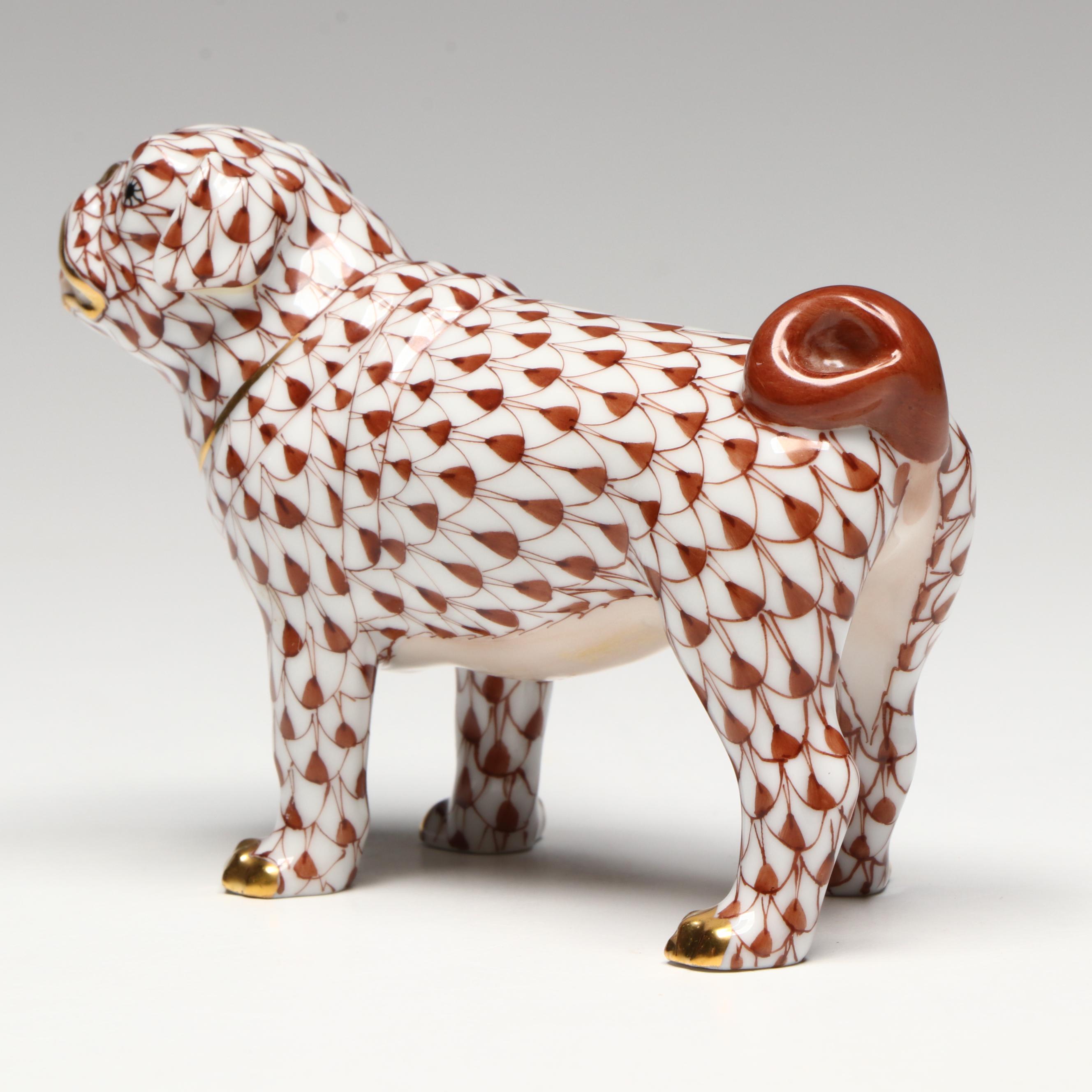 Herend Chocolate Fishnet with Gold "Pug Lola" First Edition Porcelain Figurine