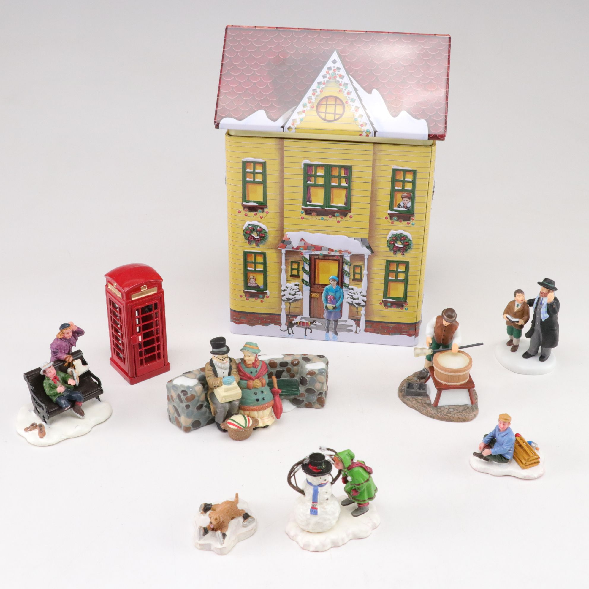 Department 56 and Lemax Christmas Village Figures with Harry London Cookie Tin
