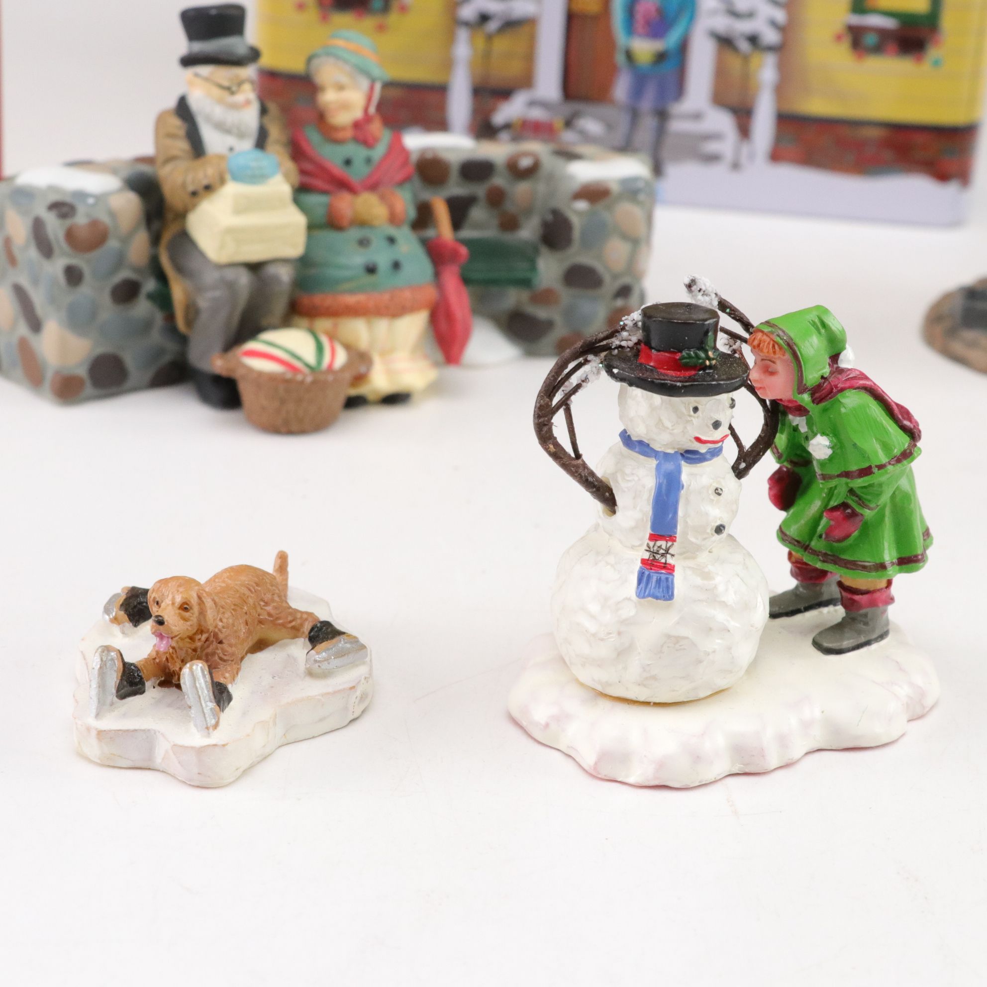 Department 56 and Lemax Christmas Village Figures with Harry London Cookie Tin