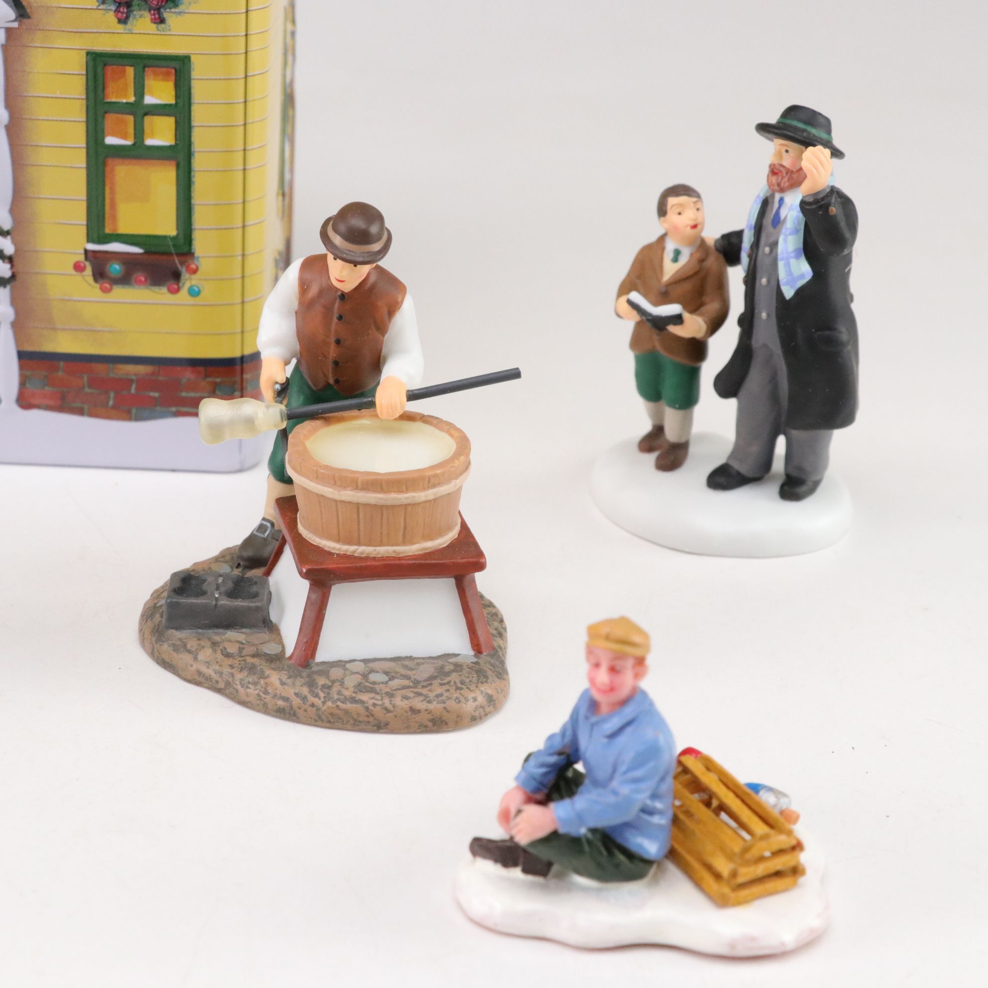 Department 56 and Lemax Christmas Village Figures with Harry London Cookie Tin