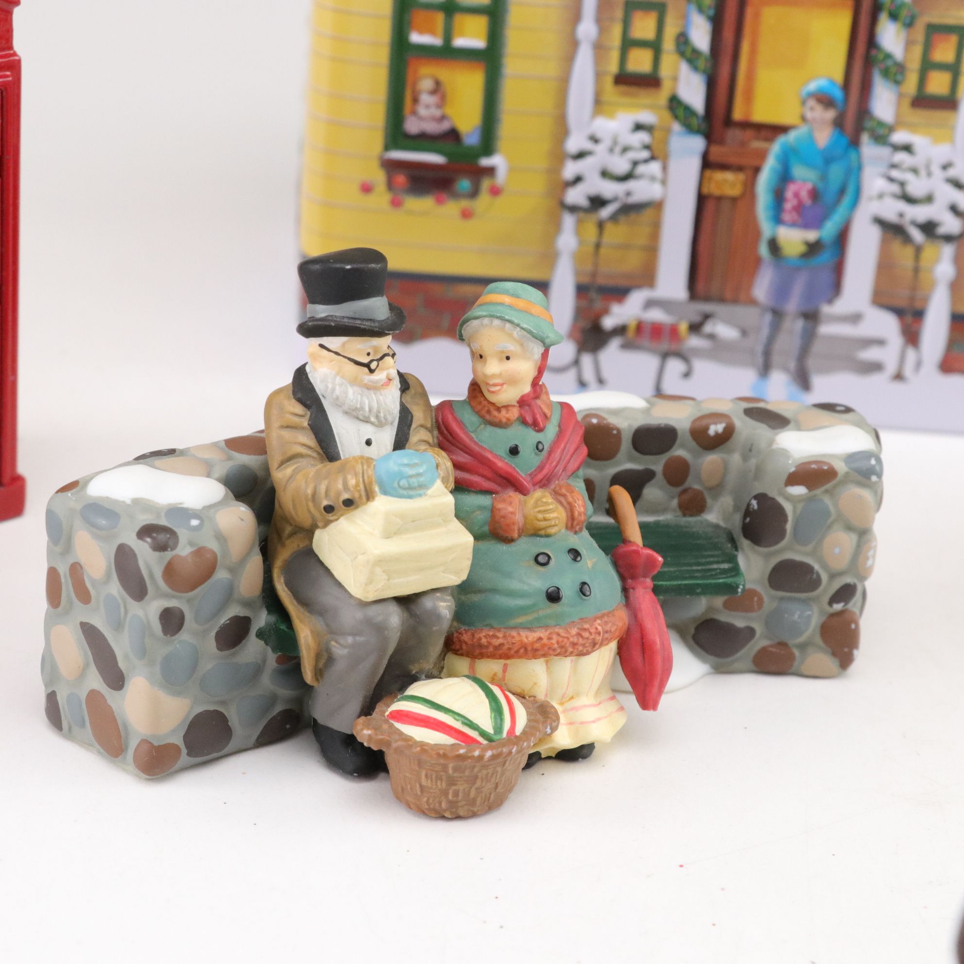Department 56 and Lemax Christmas Village Figures with Harry London Cookie Tin