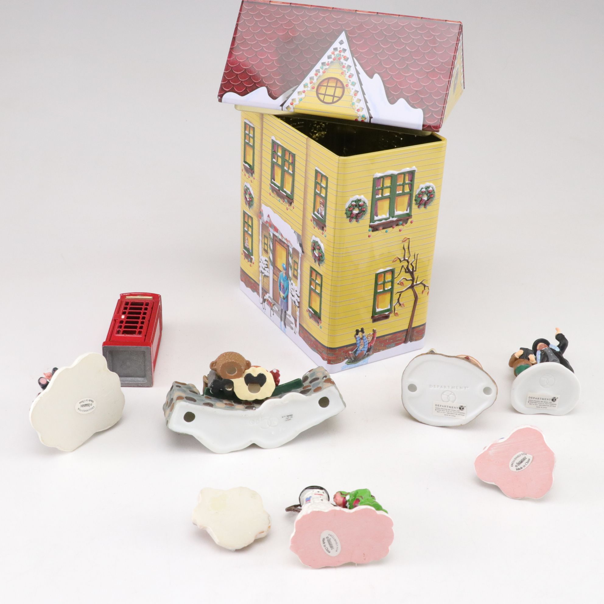 Department 56 and Lemax Christmas Village Figures with Harry London Cookie Tin