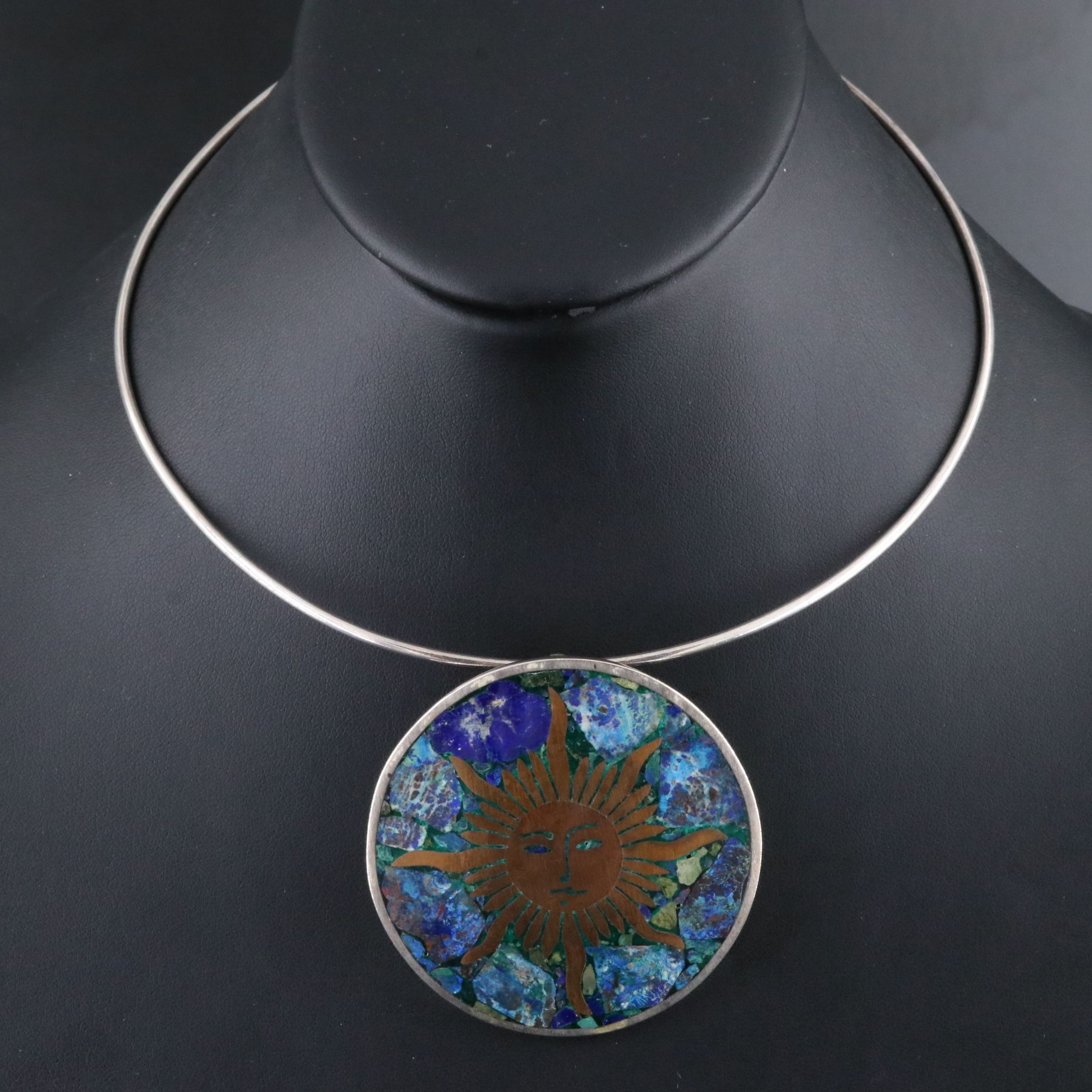 Mexican Sterling and Copper Sun Converter Pendant Necklace
