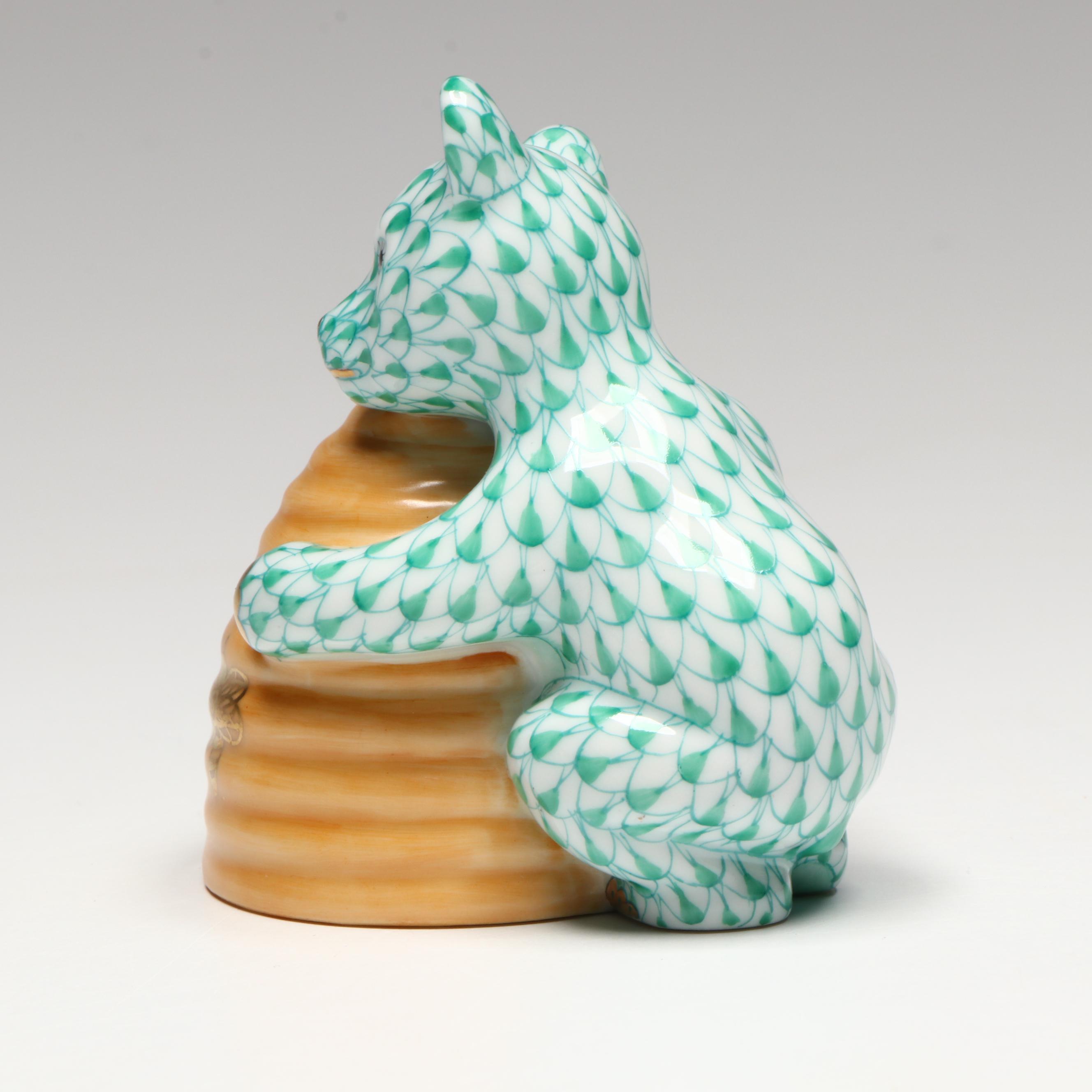 Herend Green Fishnet with Gold "Honey Bear" Porcelain Figurine