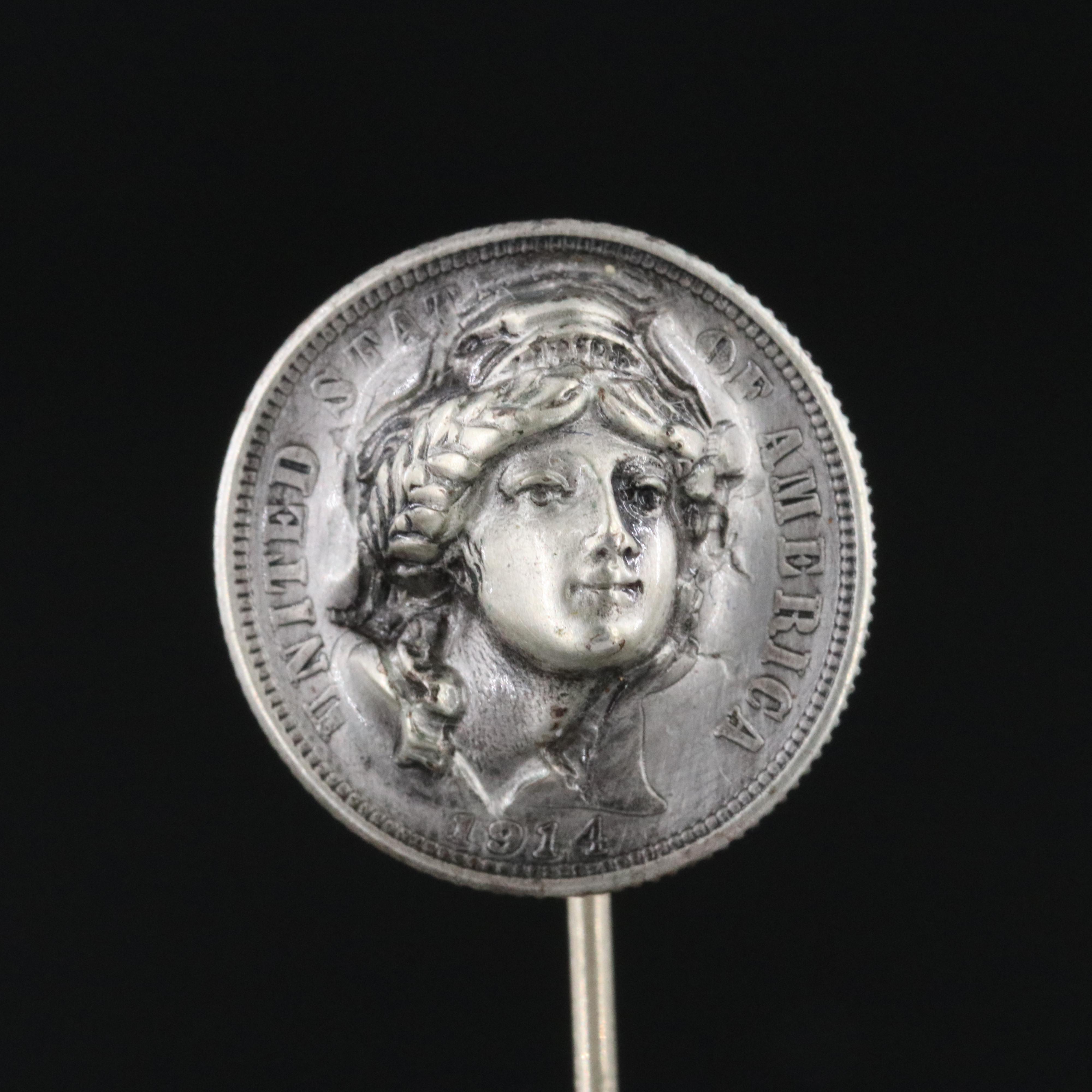 1914 Barber Silver Dime with Liberty Head Repoussé "Pop Out" Stickpin