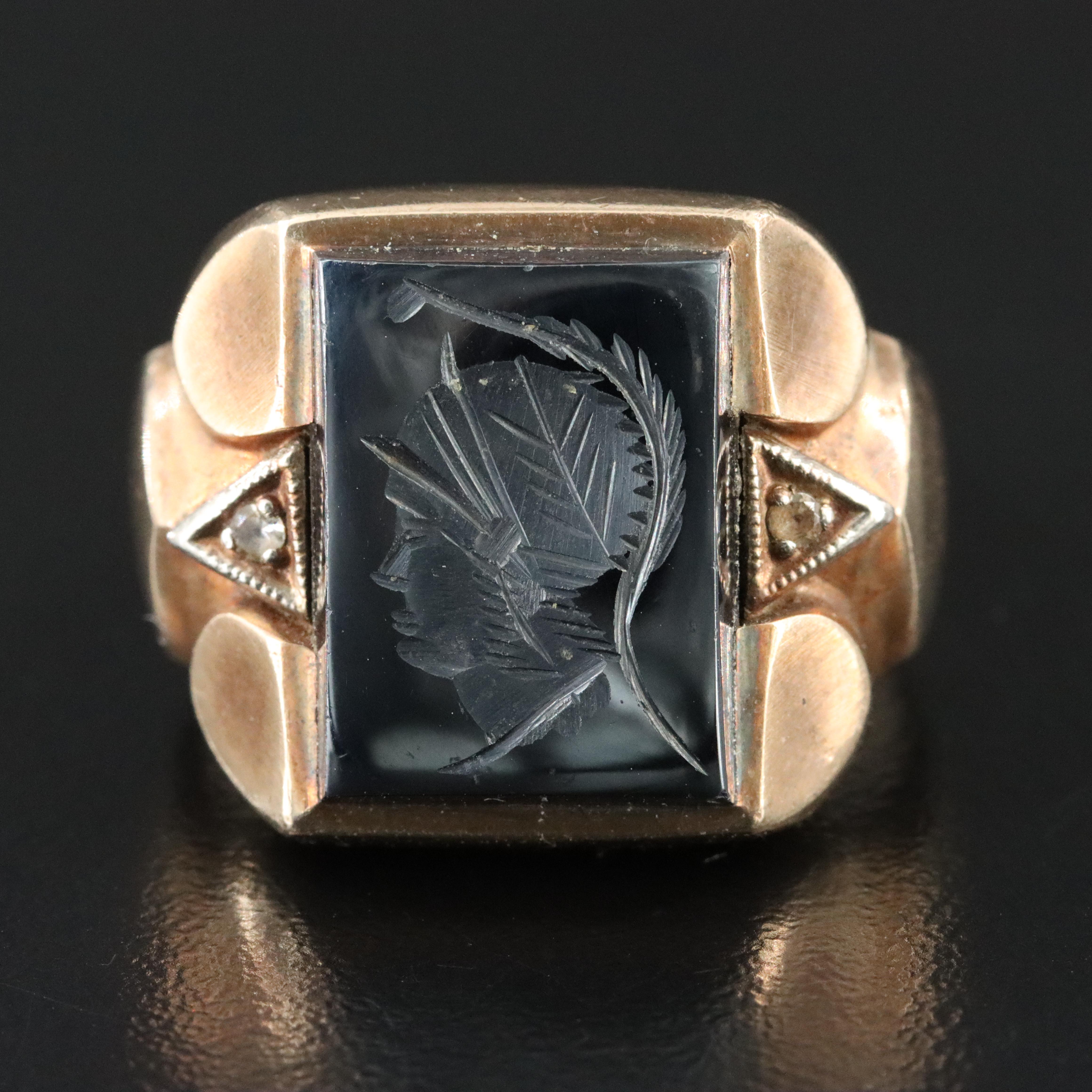 Vintage 10K Roman Soldier Hematite Intaglio Ring with White Topaz
