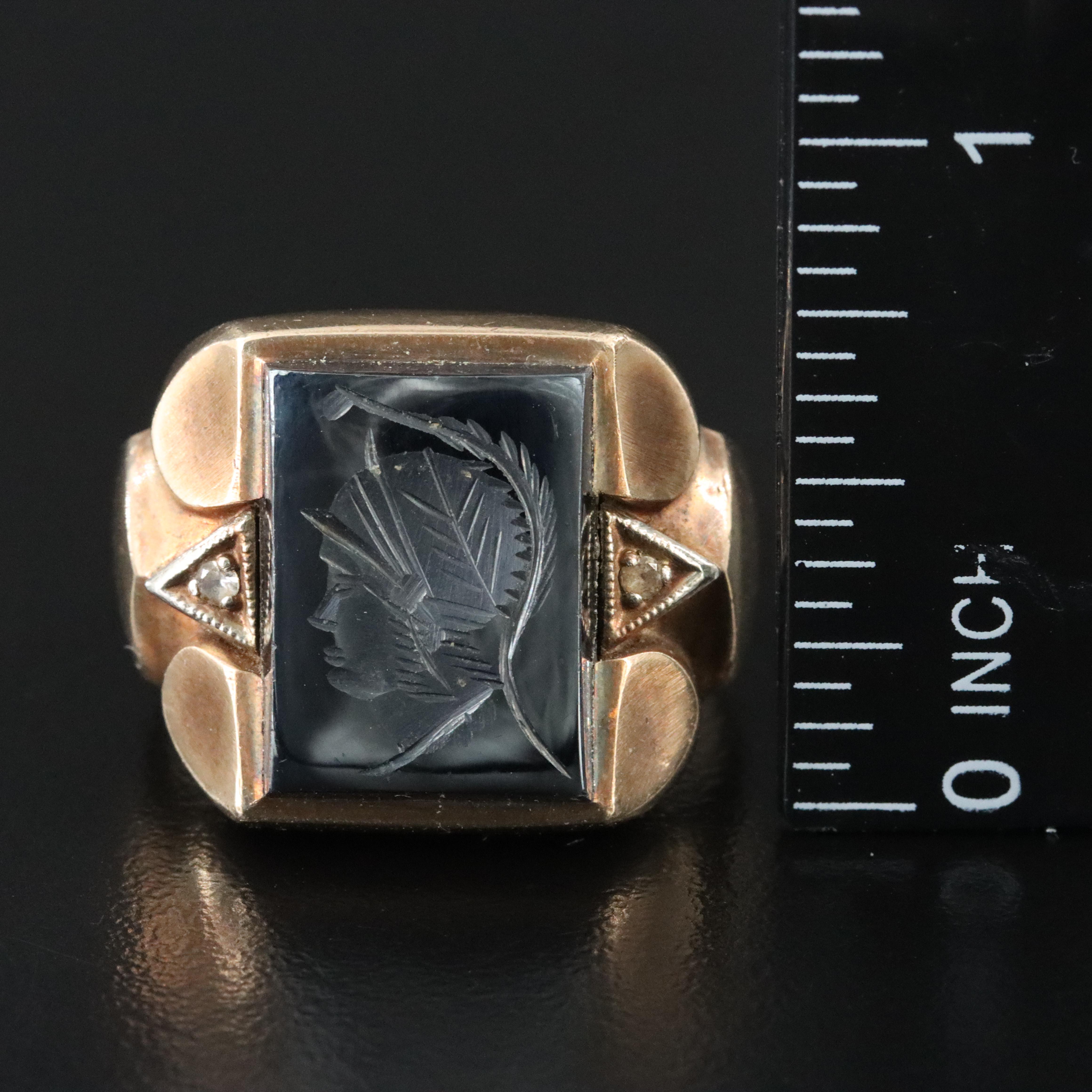 Vintage 10K Roman Soldier Hematite Intaglio Ring with White Topaz