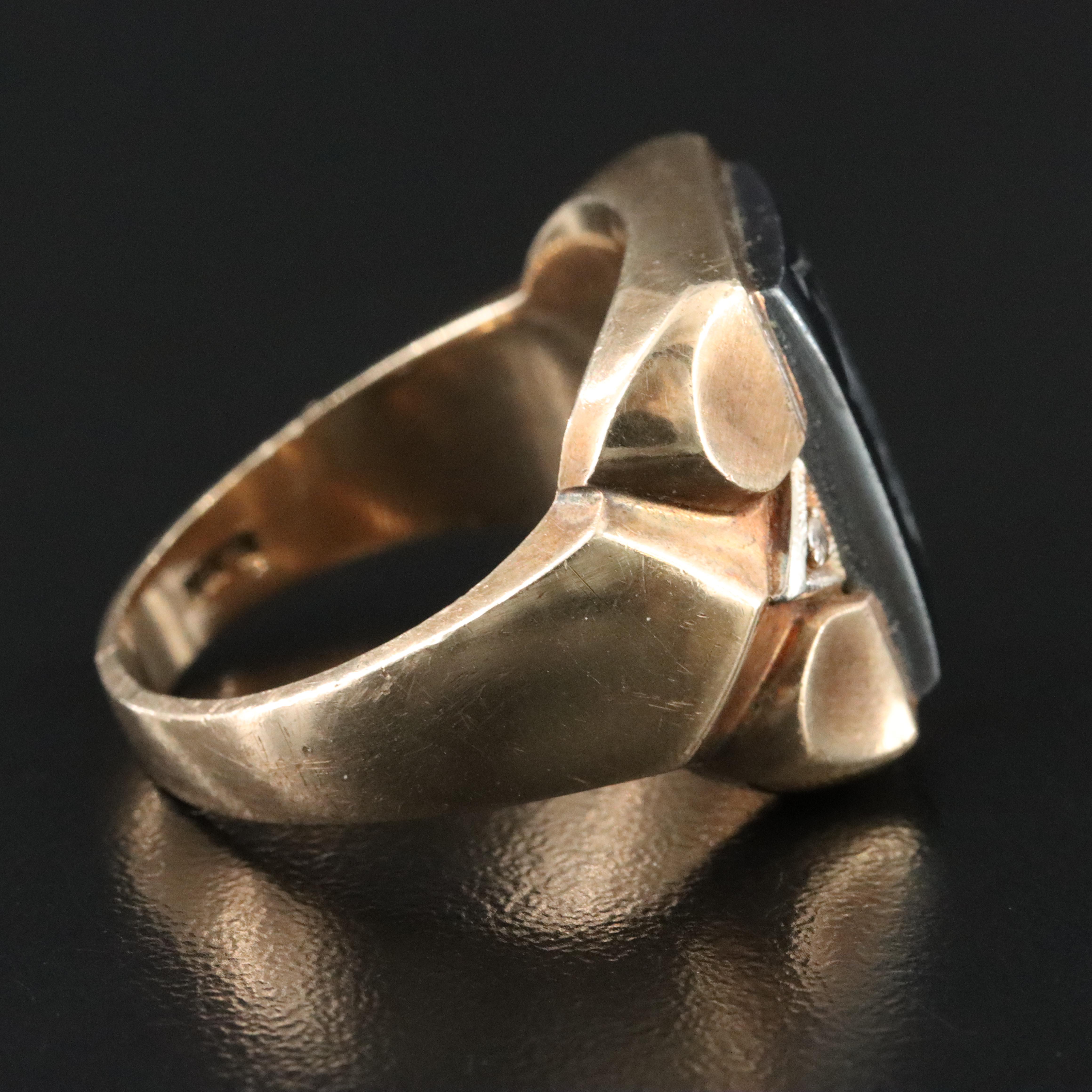 Vintage 10K Roman Soldier Hematite Intaglio Ring with White Topaz