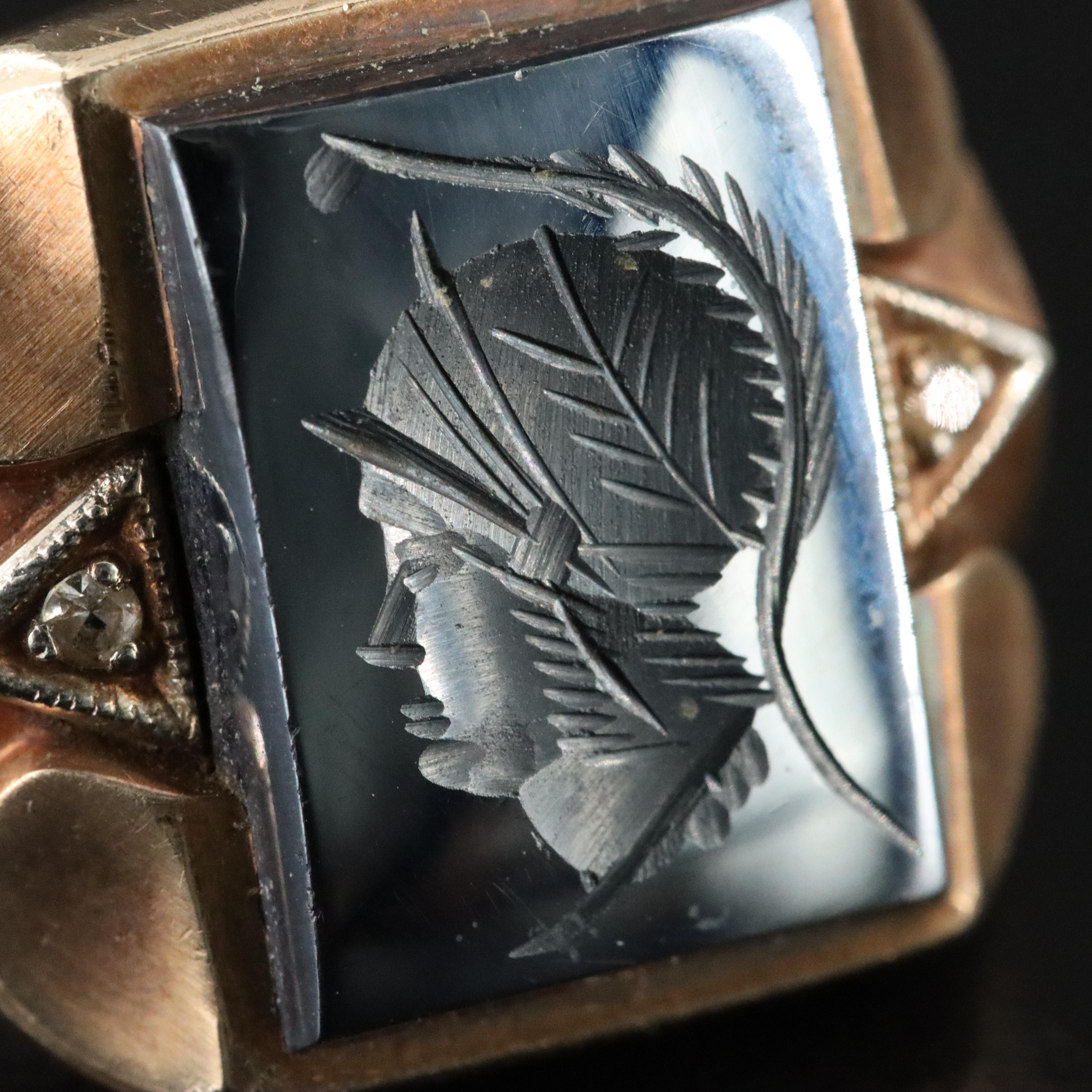 Vintage 10K Roman Soldier Hematite Intaglio Ring with White Topaz
