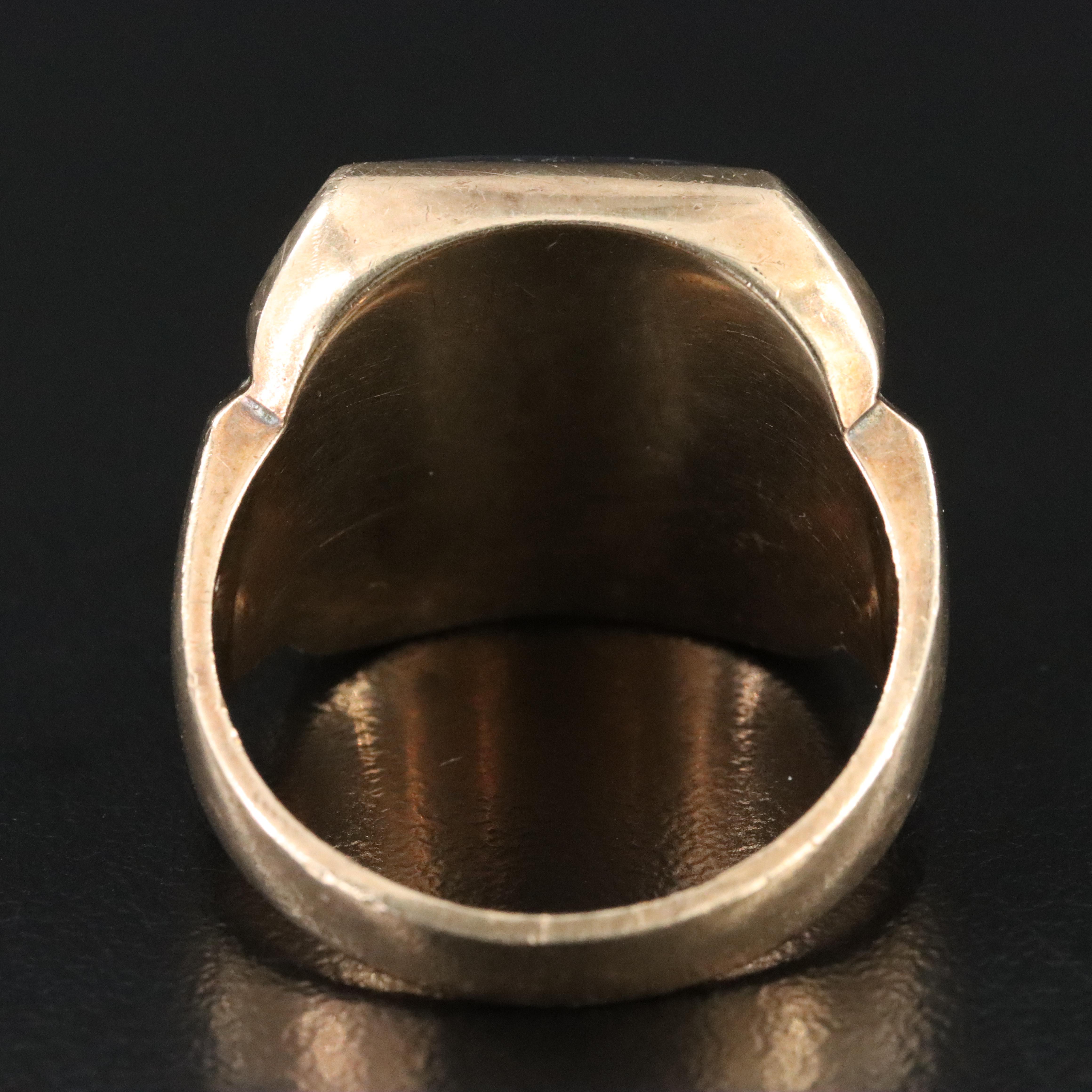 Vintage 10K Roman Soldier Hematite Intaglio Ring with White Topaz