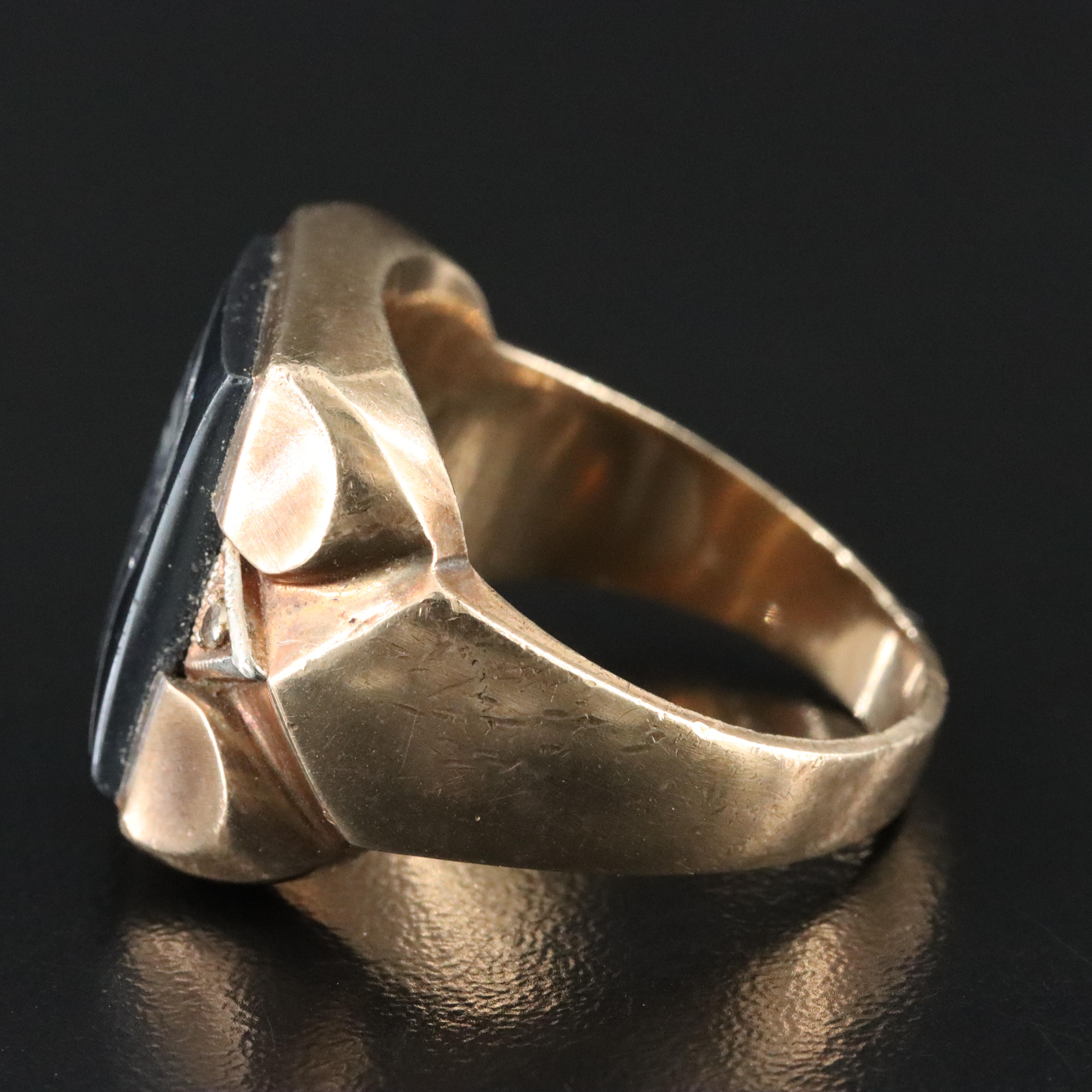 Vintage 10K Roman Soldier Hematite Intaglio Ring with White Topaz