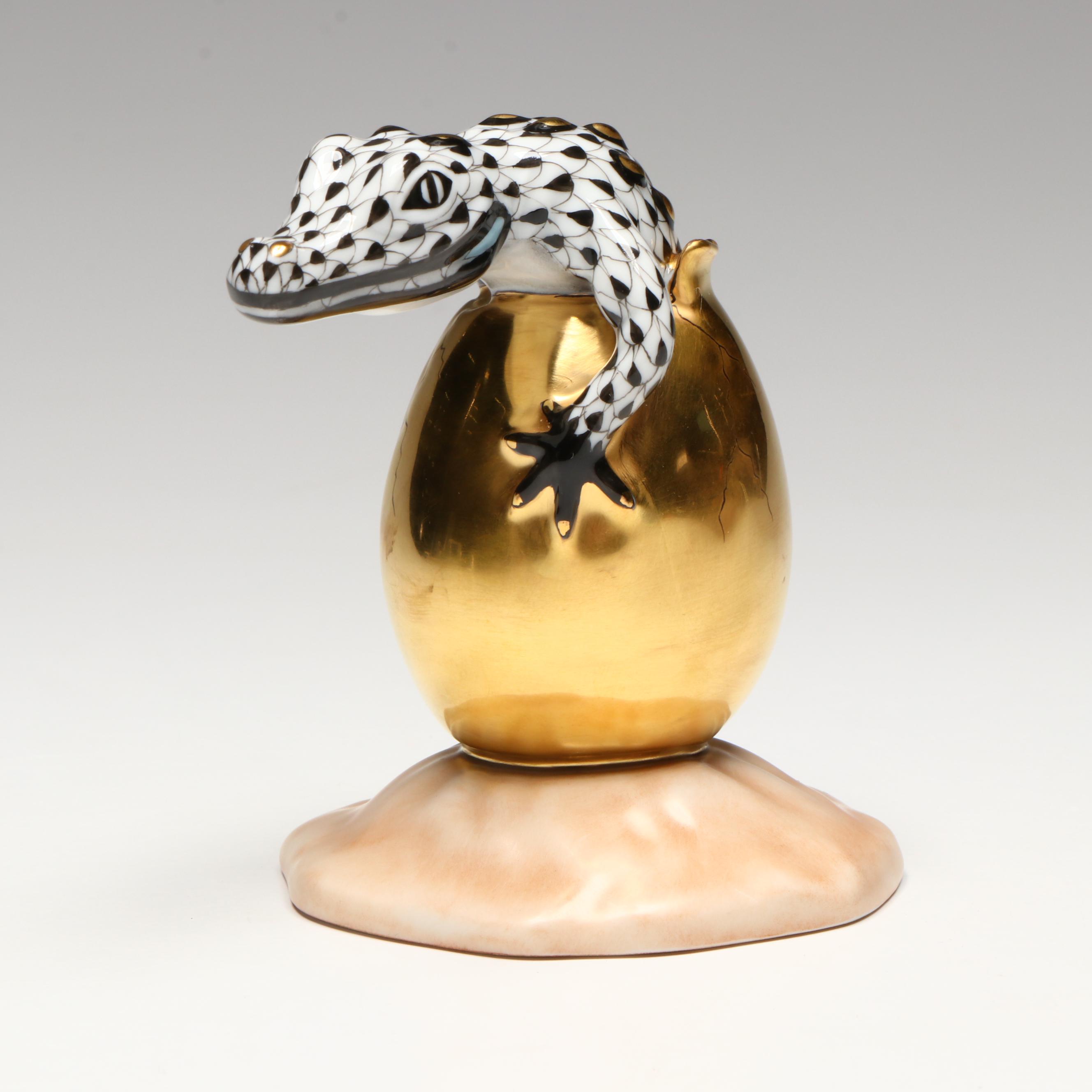 Herend Black Fishnet with Gold "Hatching Crocodile Baby" Porcelain Figurine