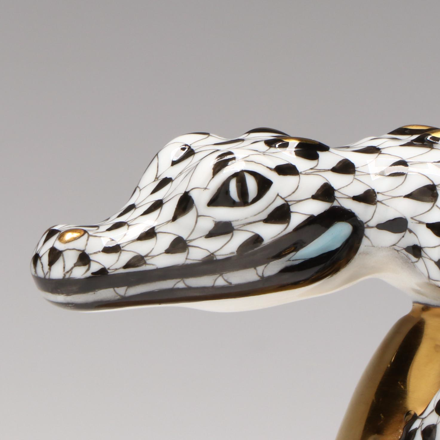 Herend Black Fishnet with Gold "Hatching Crocodile Baby" Porcelain Figurine