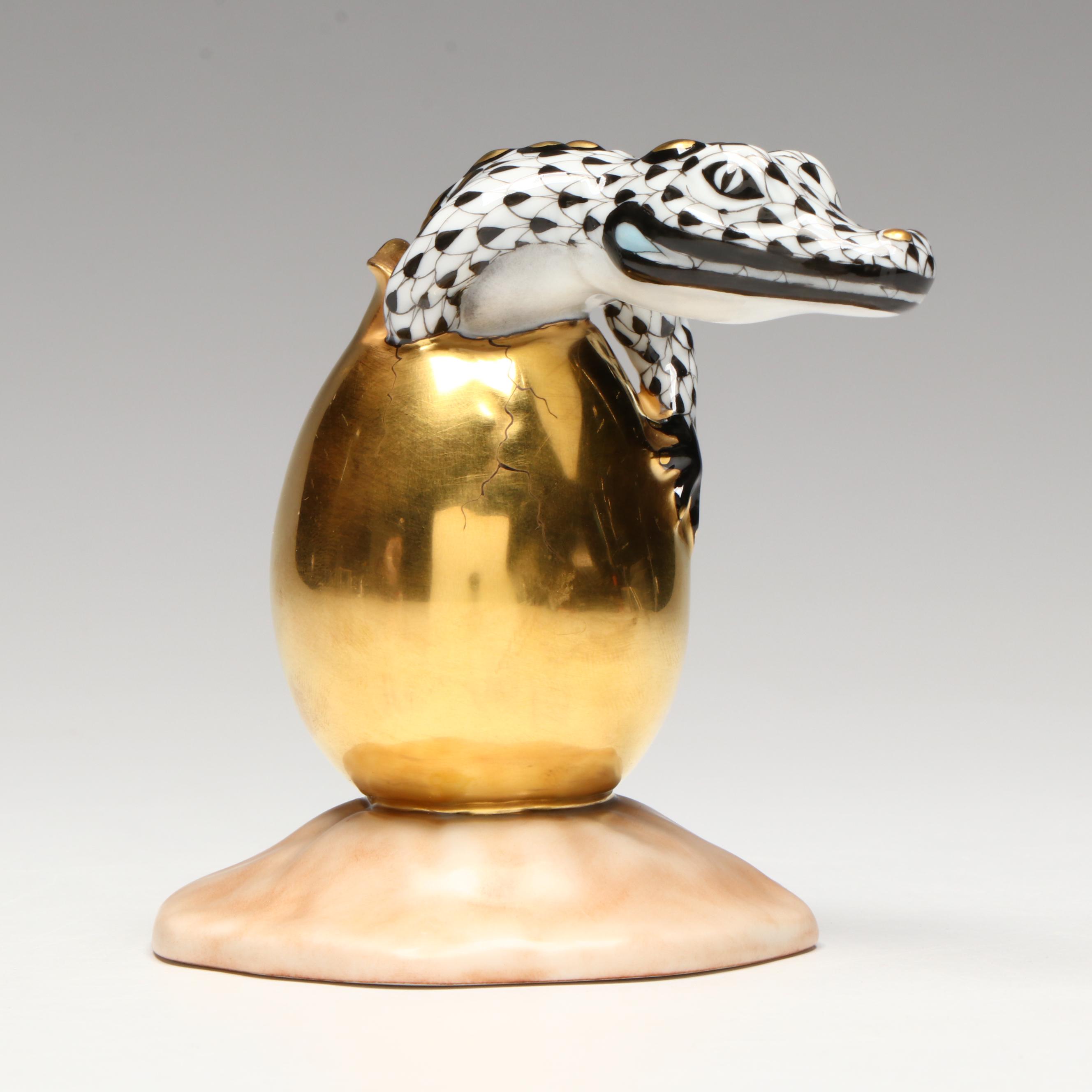 Herend Black Fishnet with Gold "Hatching Crocodile Baby" Porcelain Figurine