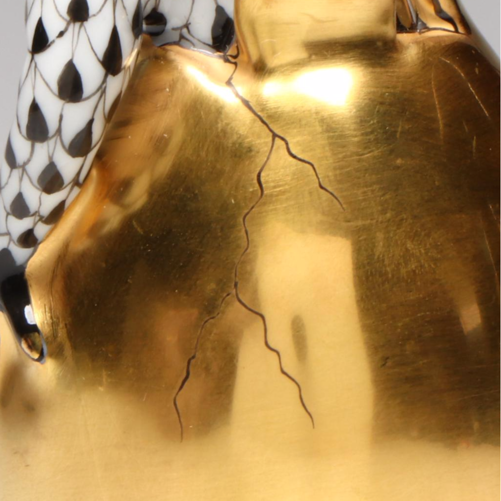 Herend Black Fishnet with Gold "Hatching Crocodile Baby" Porcelain Figurine